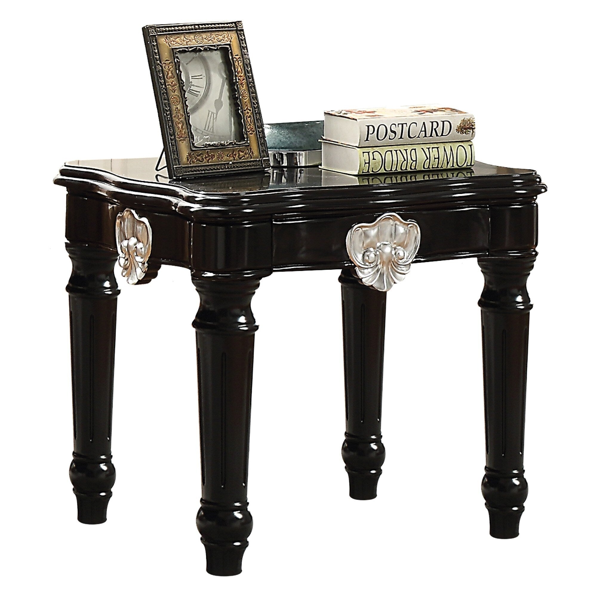 Wooden End Table With Contrast Carved Motif Turned Legs Black