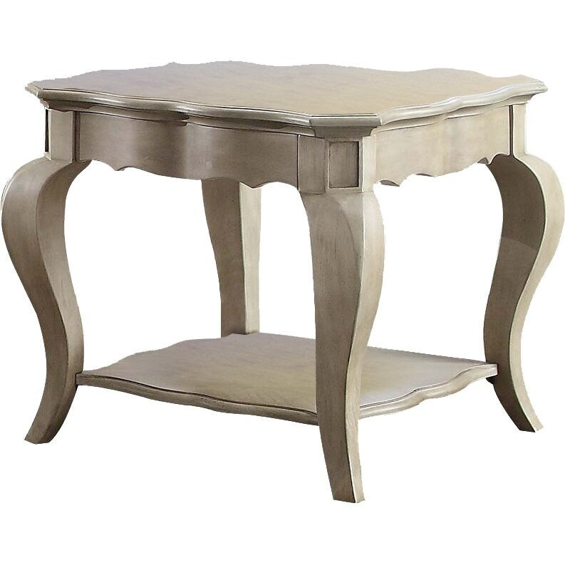Wooden End Table With Lower Shelf In Antique Taupe Silver Finish