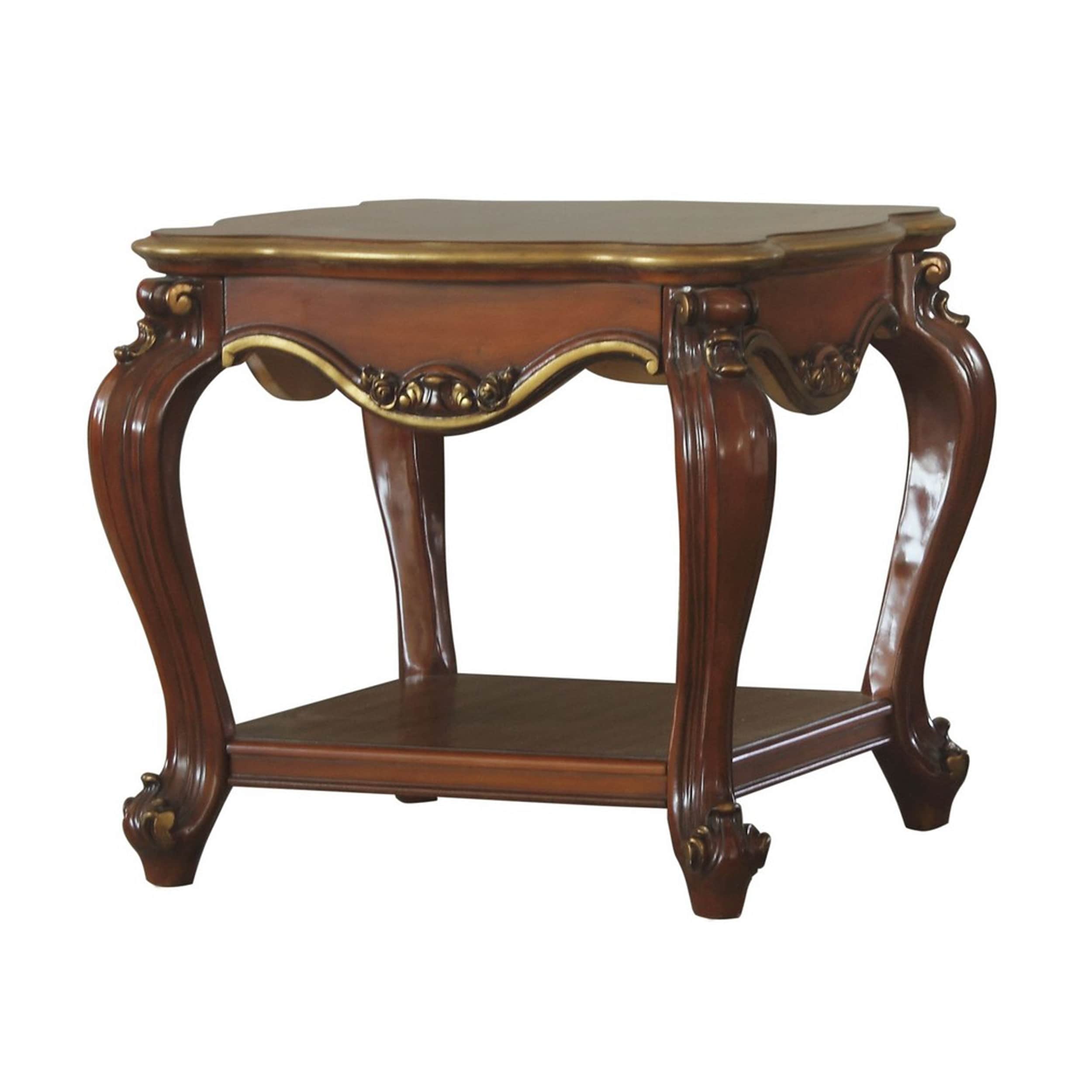 Wooden End Table With Open Bottom Shelf And Carved Details Brown