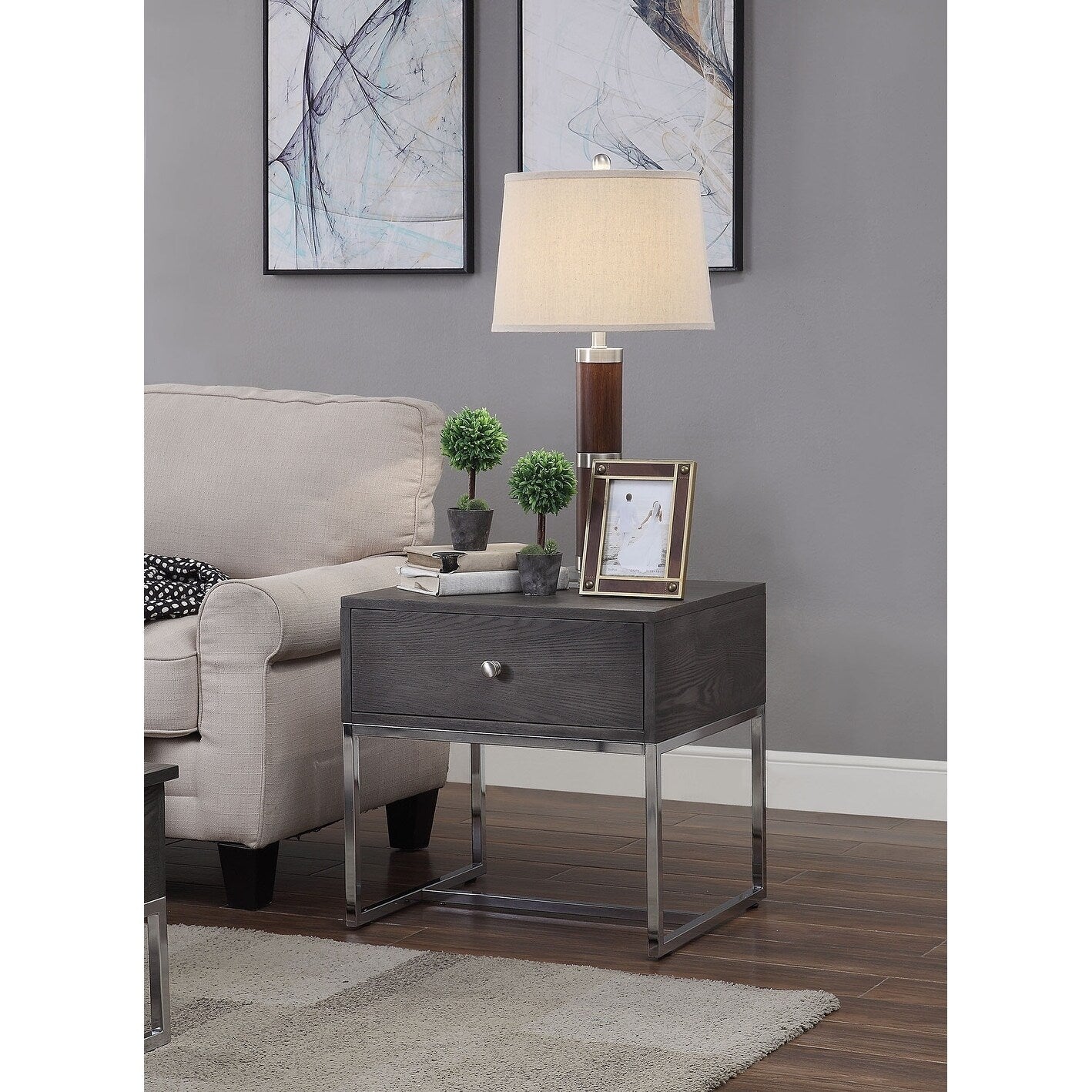 Wooden End Table With Tubular Metal Base And Spacious Drawer Gray And Silver