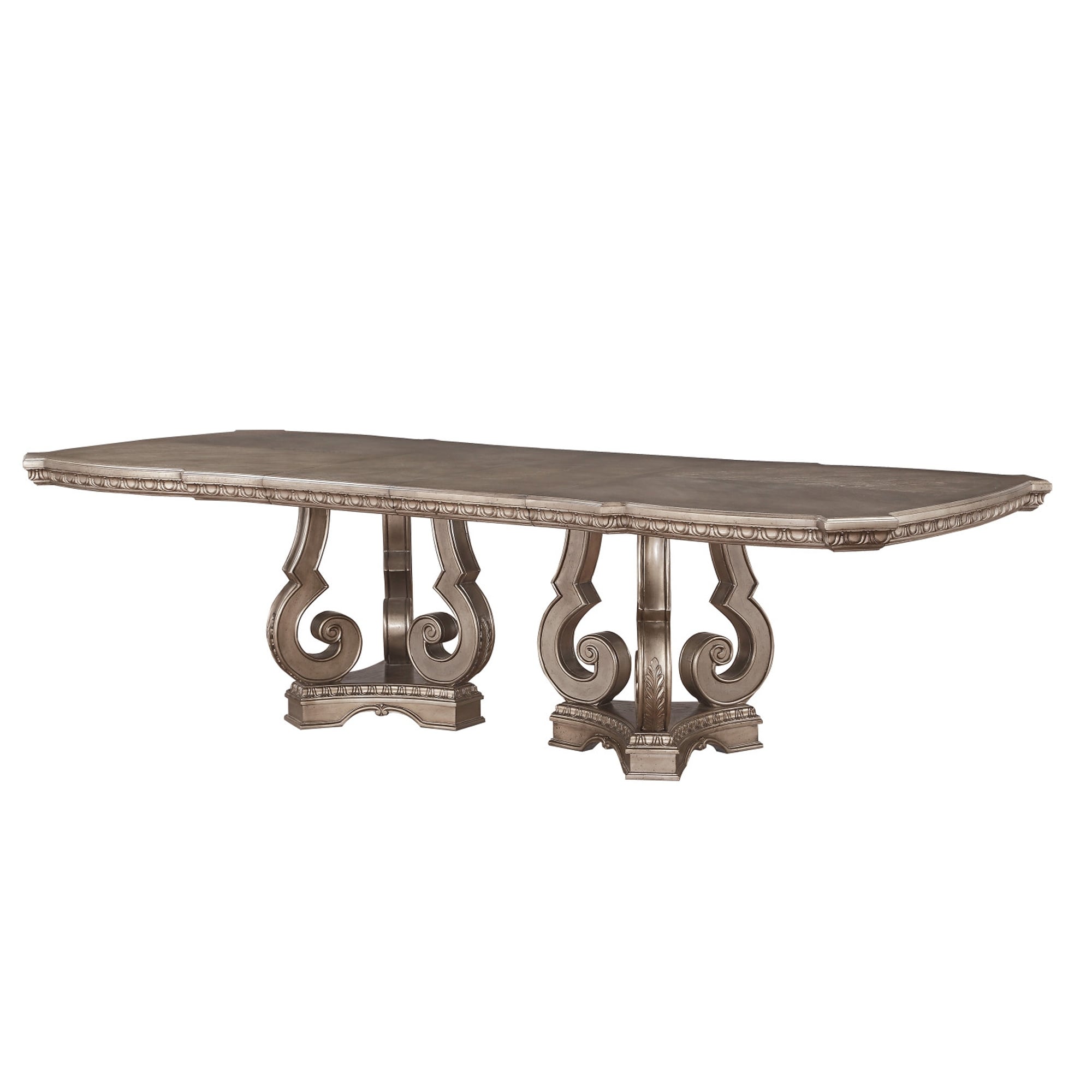 Wooden Extendable Dining Table With Double Pedestal Base Silver