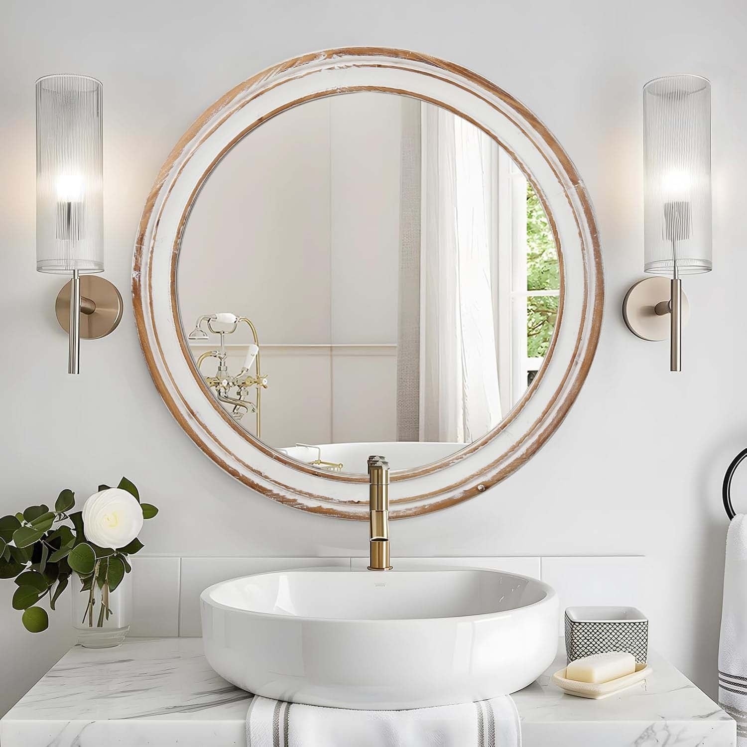 Wooden Farmhouse Round Wall Mirror For Home