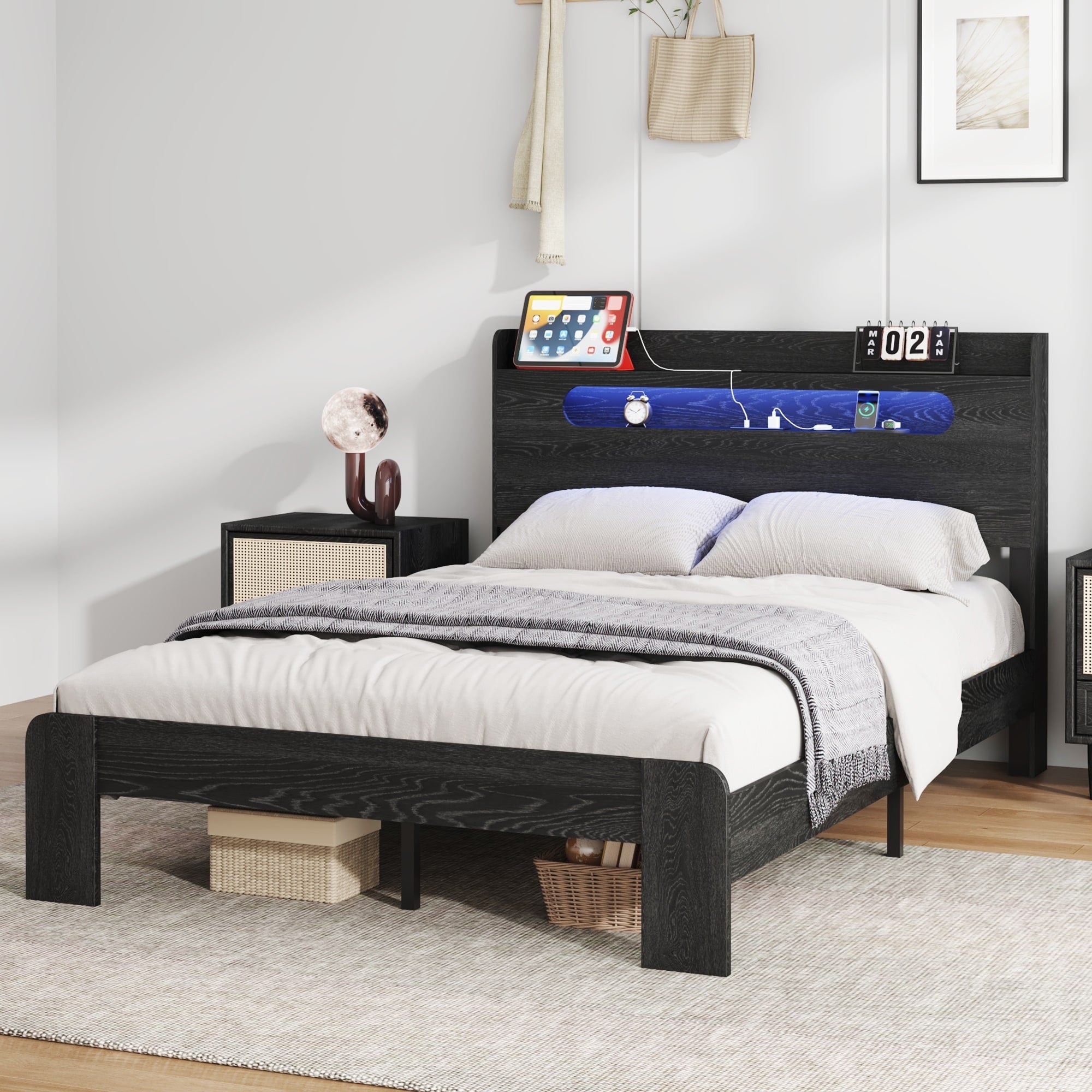 Wooden Floor Bed Frame With Fence Guardrail Side Storage Low Profile Kids Bed Full Twin
