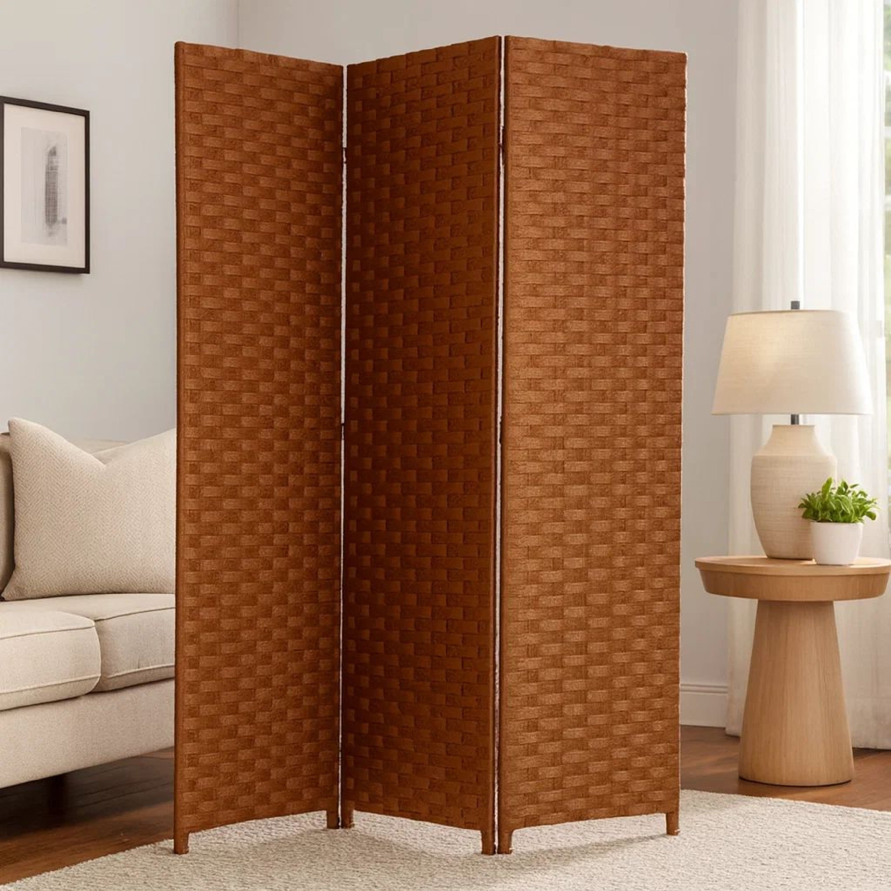 Wooden Foldable 3 Panel Room Divider With Streamline Design Dark Brown
