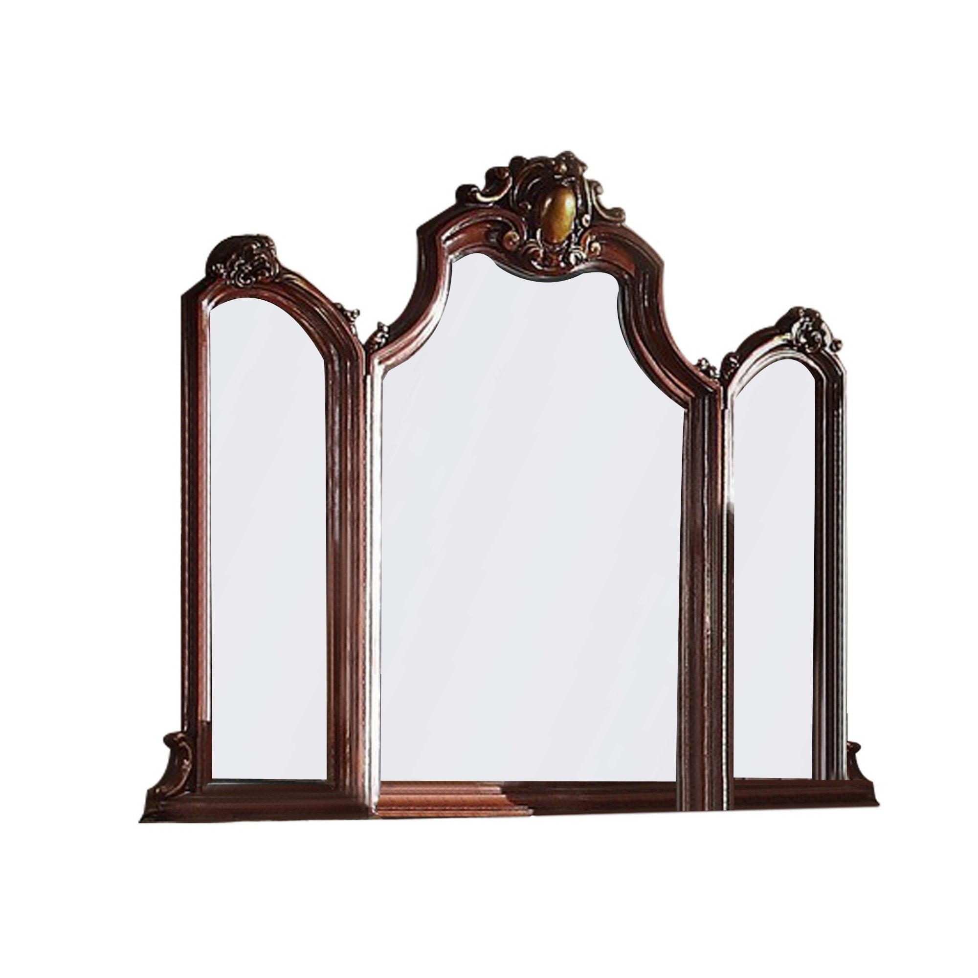 Wooden Frame Mirror With Arched Design And Carved Details Brown