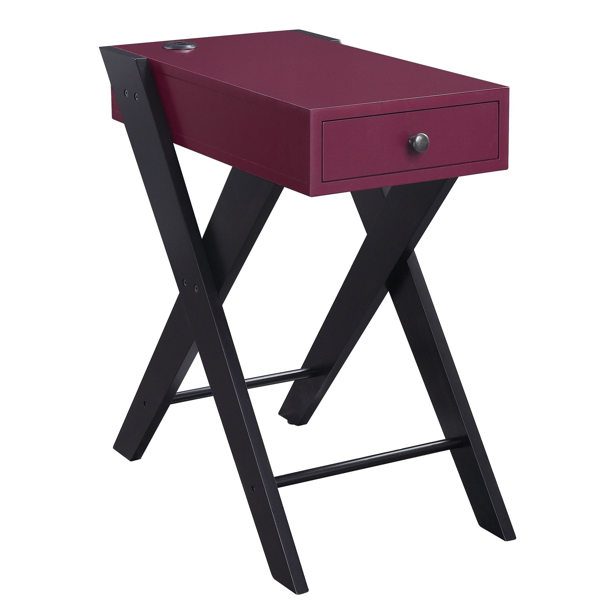 Wooden Frame Side Table With X Shaped Legs And 1 Drawer Purple And Black