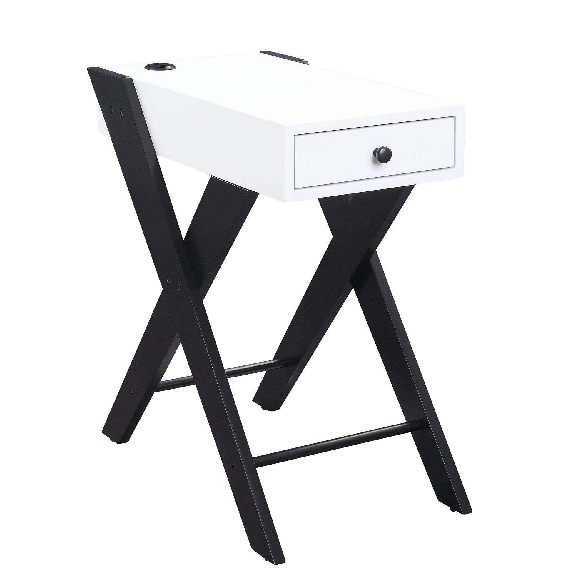 Wooden Frame Side Table With X Shaped Legs And 1 Drawer White And Black