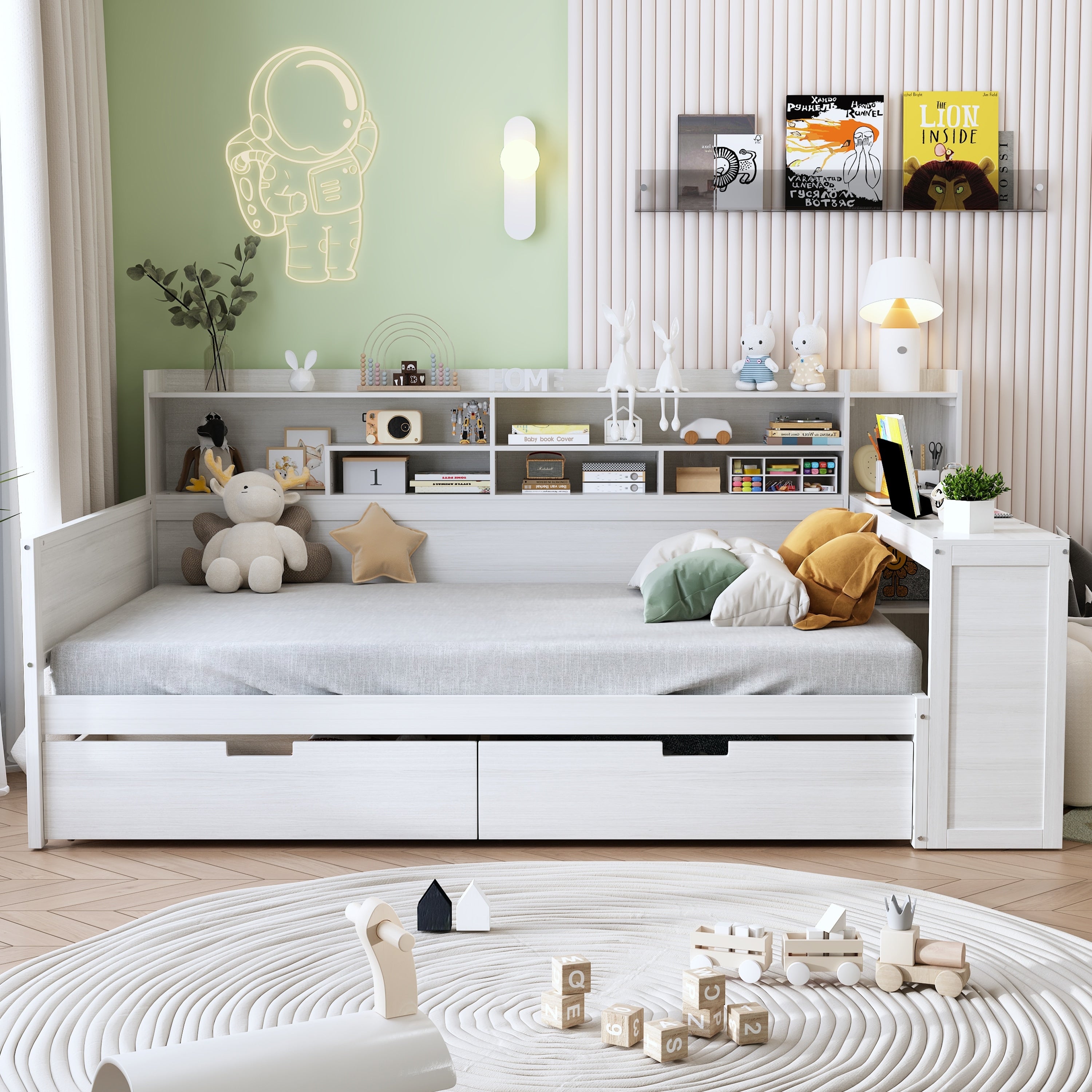 Wooden Full Daybed With Storage Shelves Multi Functional Bed With Two Storage Drawers And Study Desk