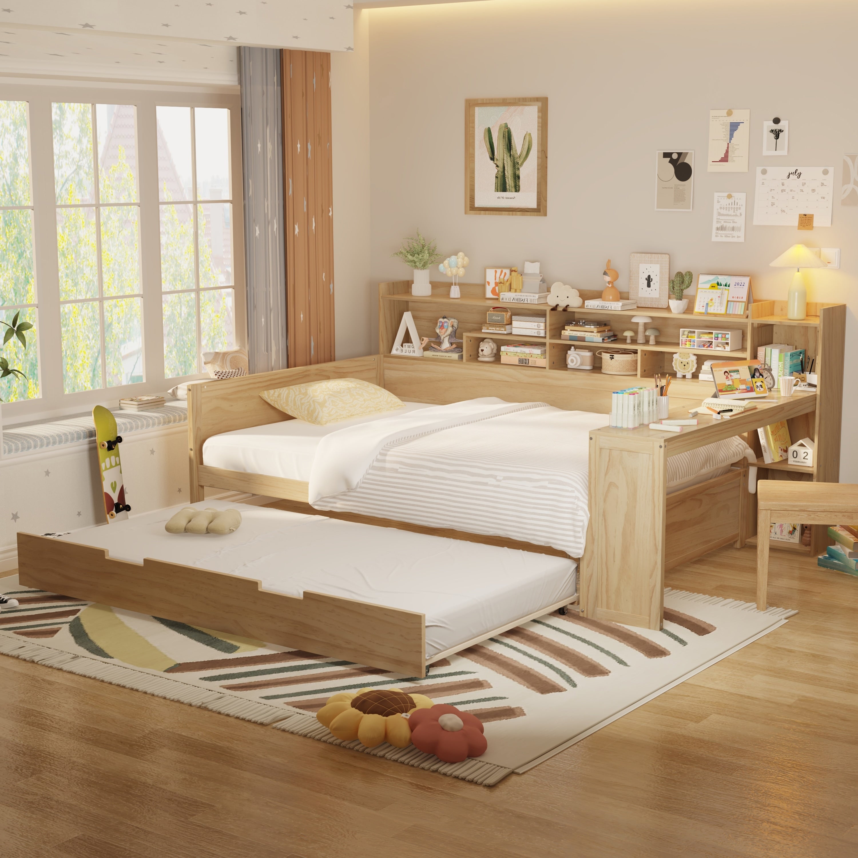 Wooden Full Size Daybed With Storage Shelves Multi Functional Bed With Twin Size Trundle Bed And Study Desk