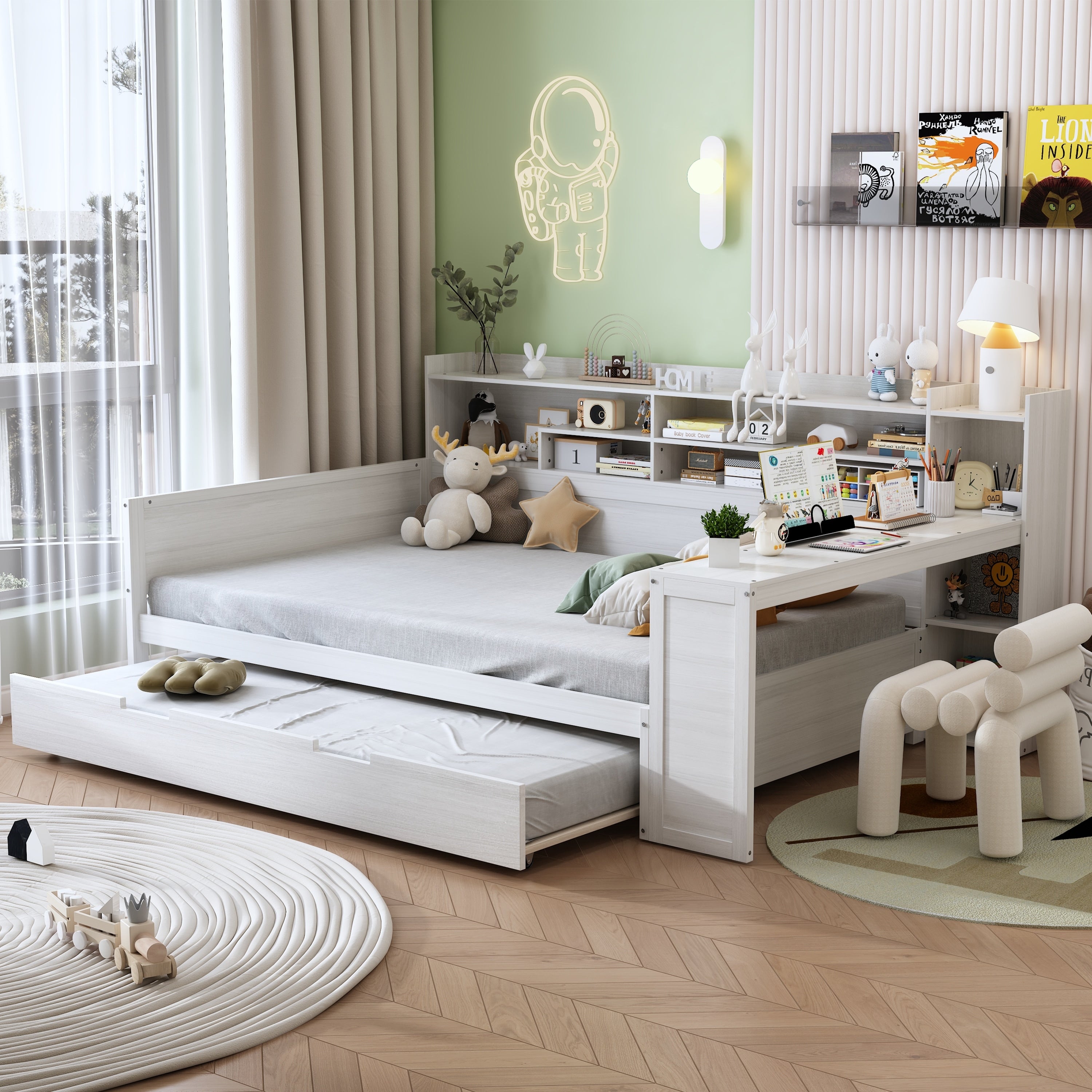 Wooden Full Size Daybed With Storage Shelves Multi Functional Bed With Twin Size Trundle Bed And Study Desk