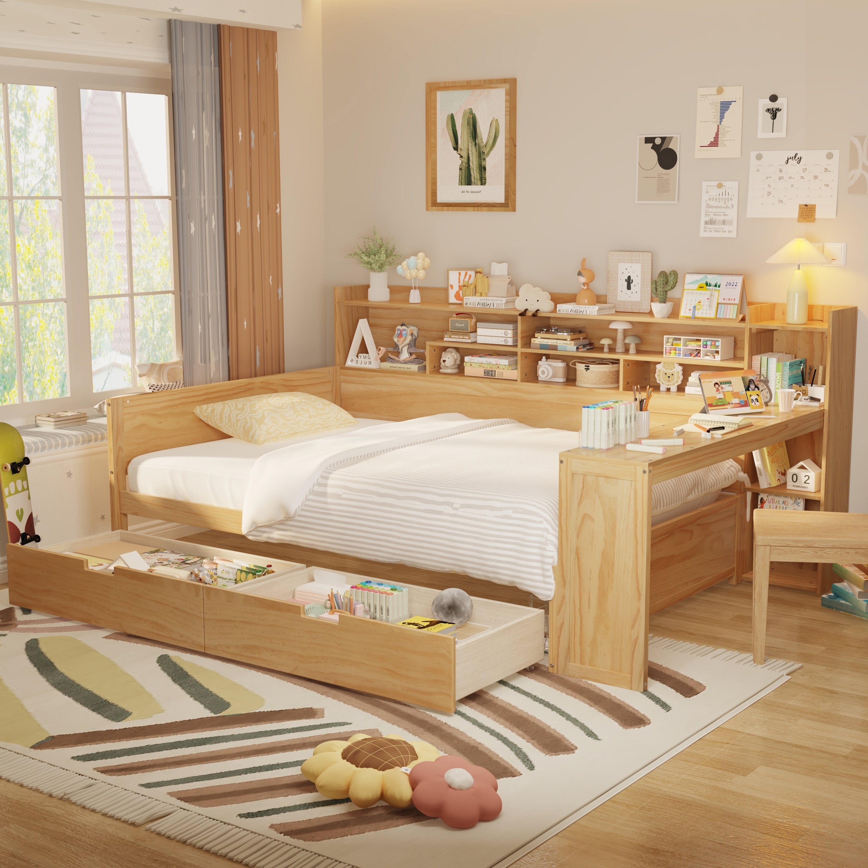 Wooden Full Size Daybed With Storage Shelves Multi Functional Bed With Two Storage Drawers And Study Desk