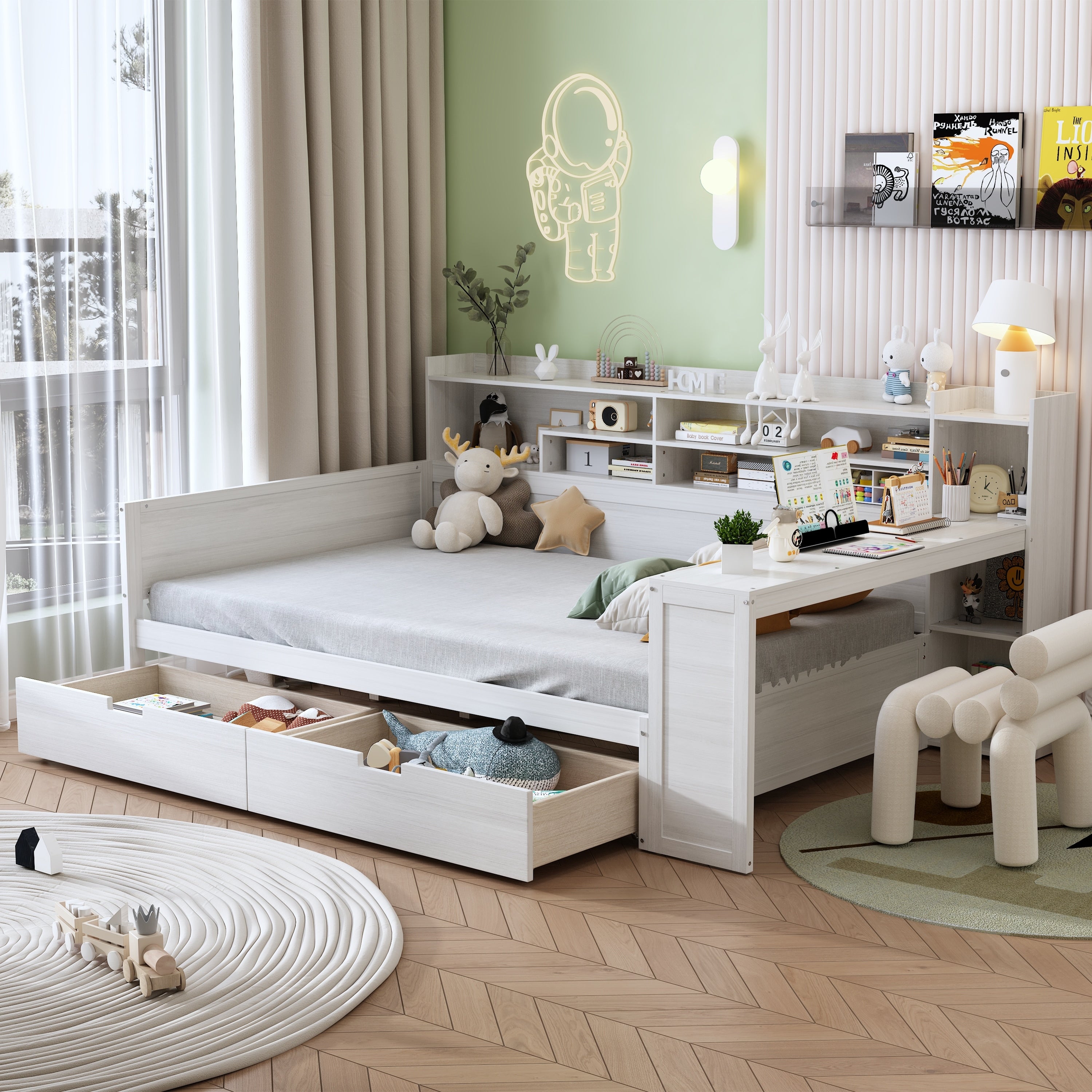 Wooden Full Size Daybed With Storage Shelves Multi Functional Bed With Two Storage Drawers And Study Desk