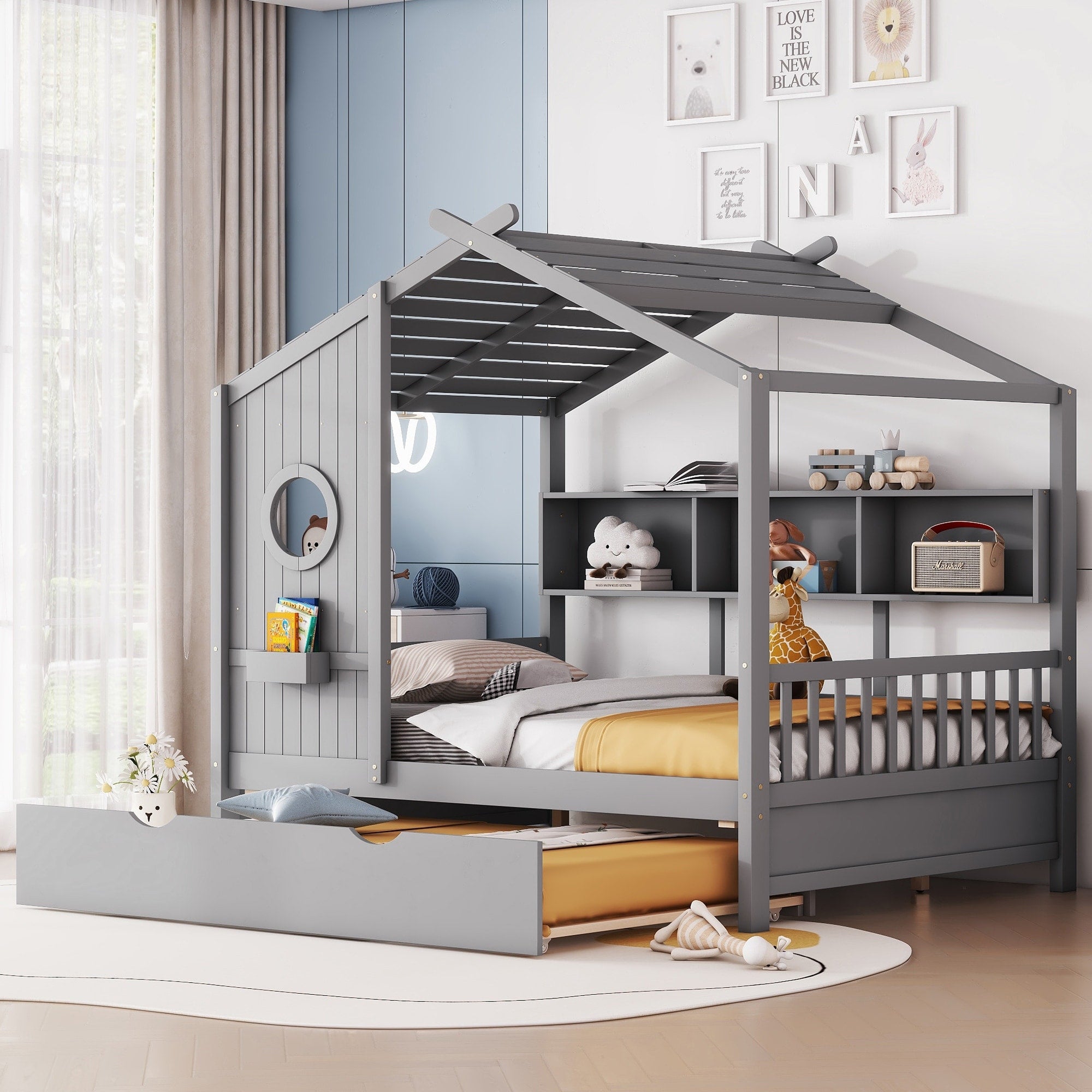 Wooden Full Size House Bed With Trundle Modern Design For Kids With Storage Shlef