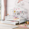 Wooden Full Size House Bed With Twin Size Trundle Kids Bed With Shelf White