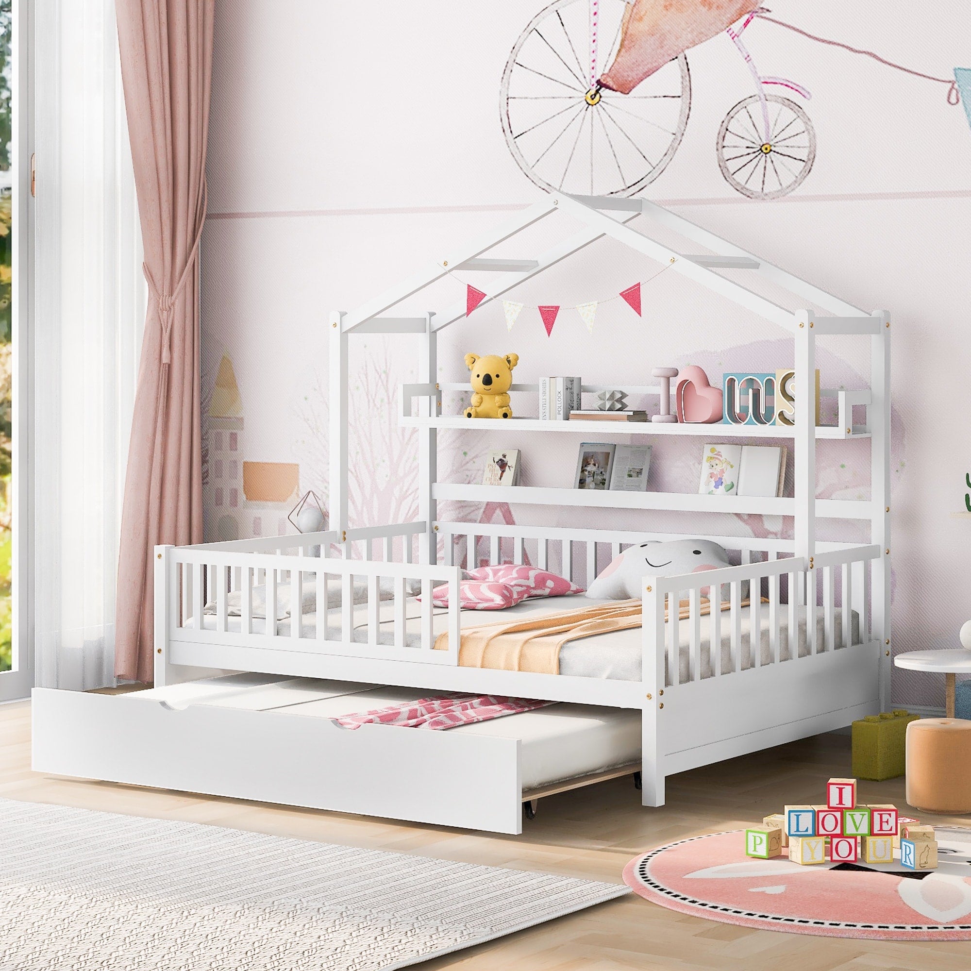Wooden Full Size House Bed With Twin Size Trundle Kids Bed With Shelf White