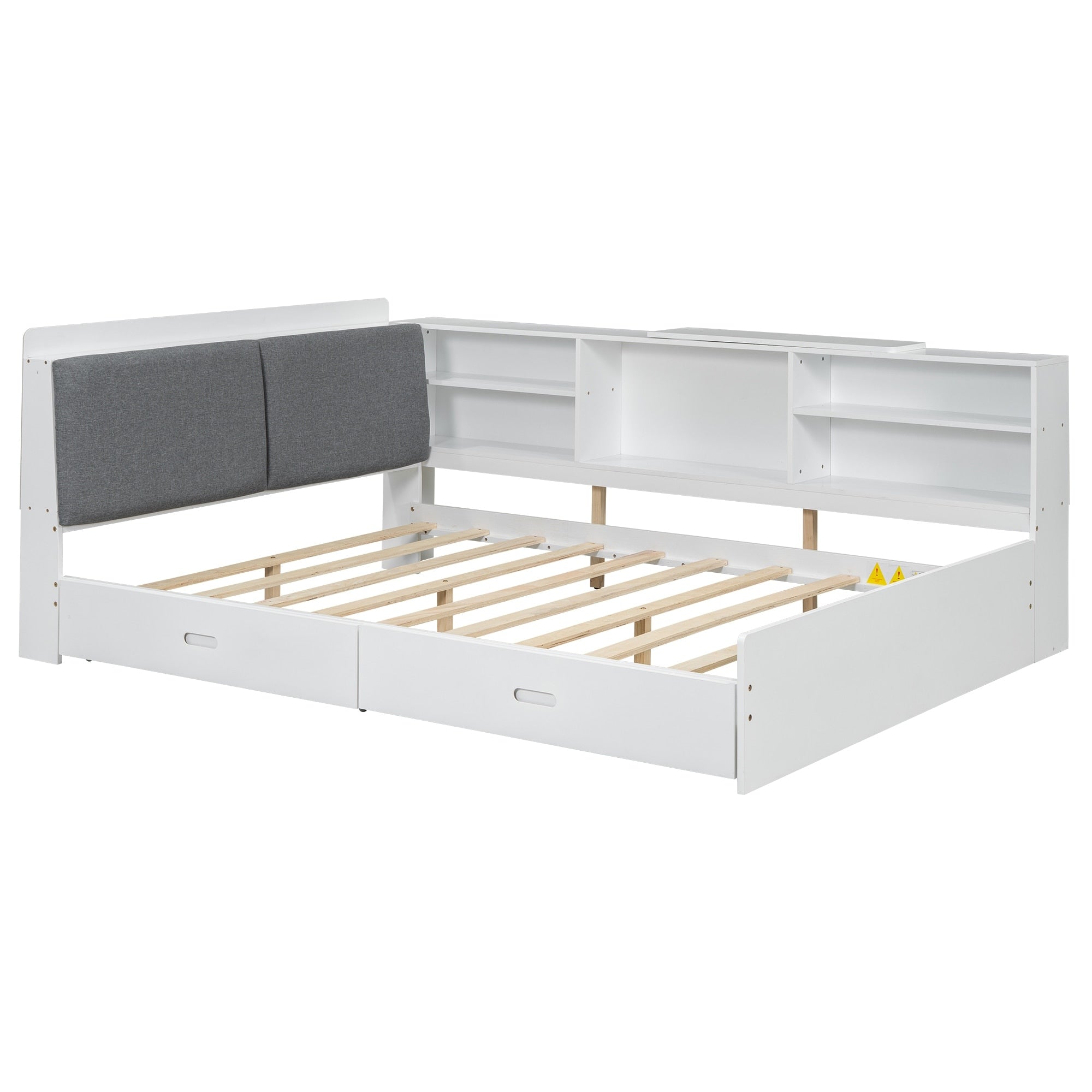 Wooden Full Size Platform Bed With Storage Headboard Shelves And 2 Drawers