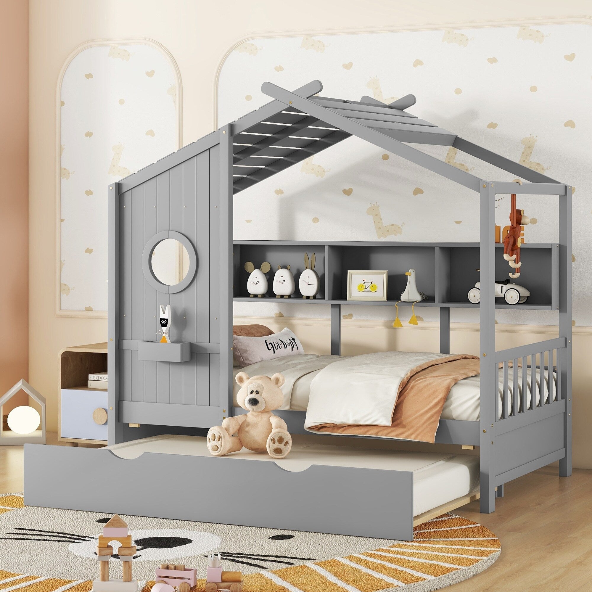 Wooden House Bed With Trundle And Storage Shelf For Kids