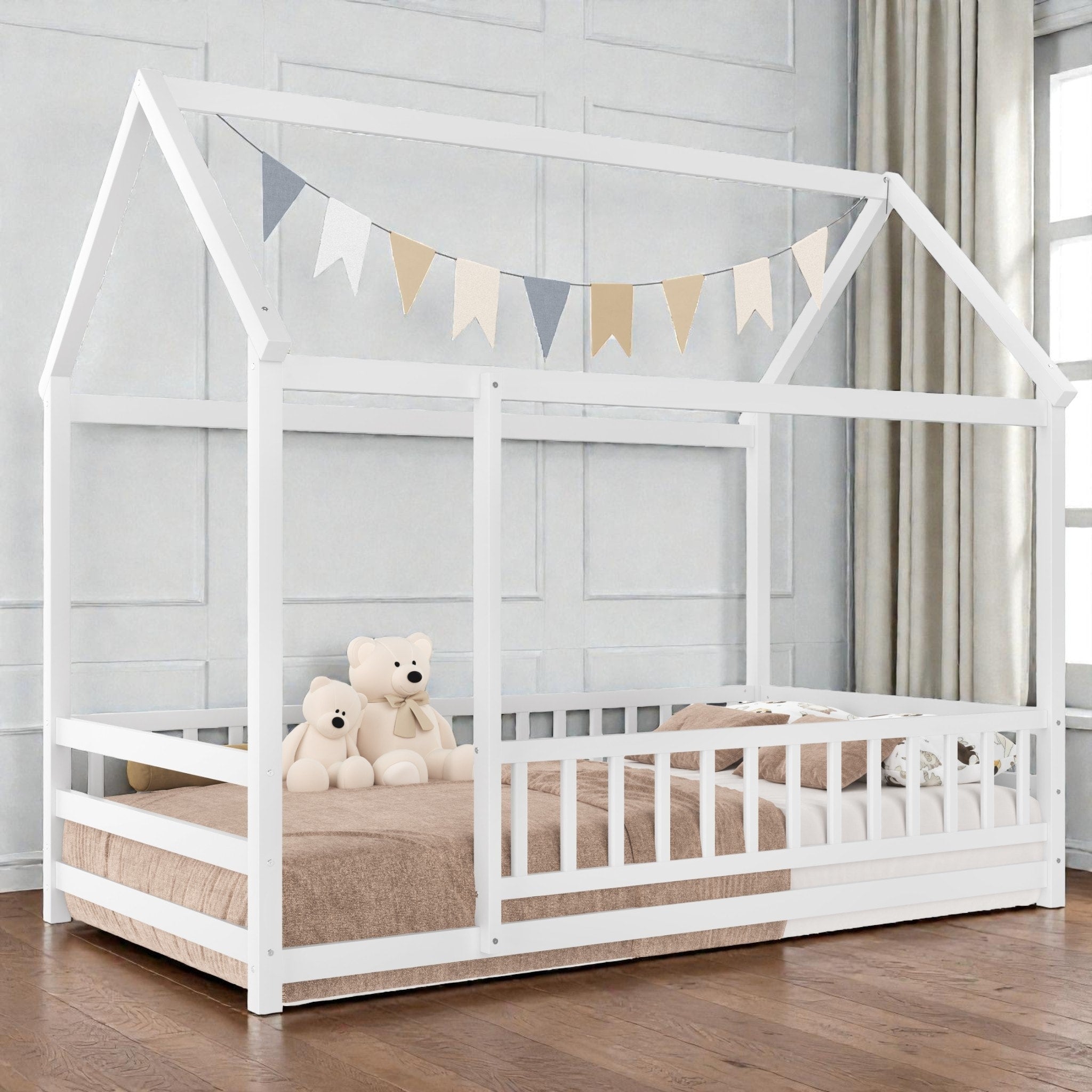 Wooden House Frame Floor Bed With Roof Fence Guardrails Pine Wood Kids Platform Bed For Bedroom