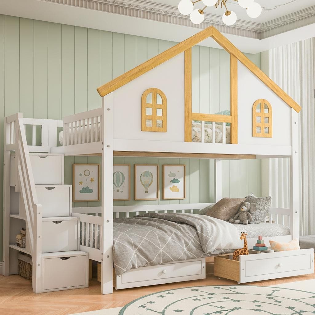 Wooden House Roof Bunk Bed With Staircase Storage Dual Drawers By Harper Bright Designs