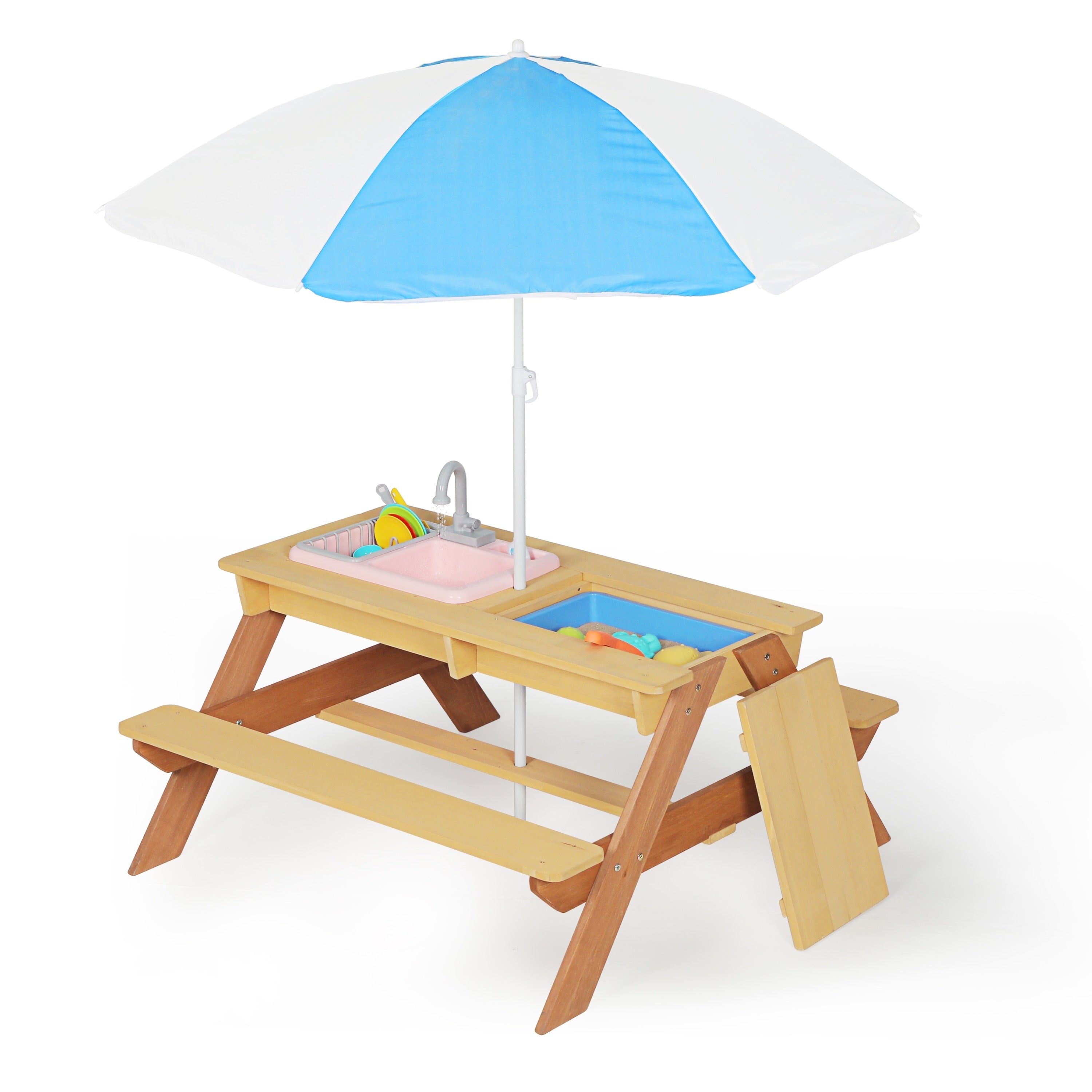 Wooden Kids Picnic Table Sand And Water Table With Umbrella Activity Table For Outdoor Backyard Patio Play