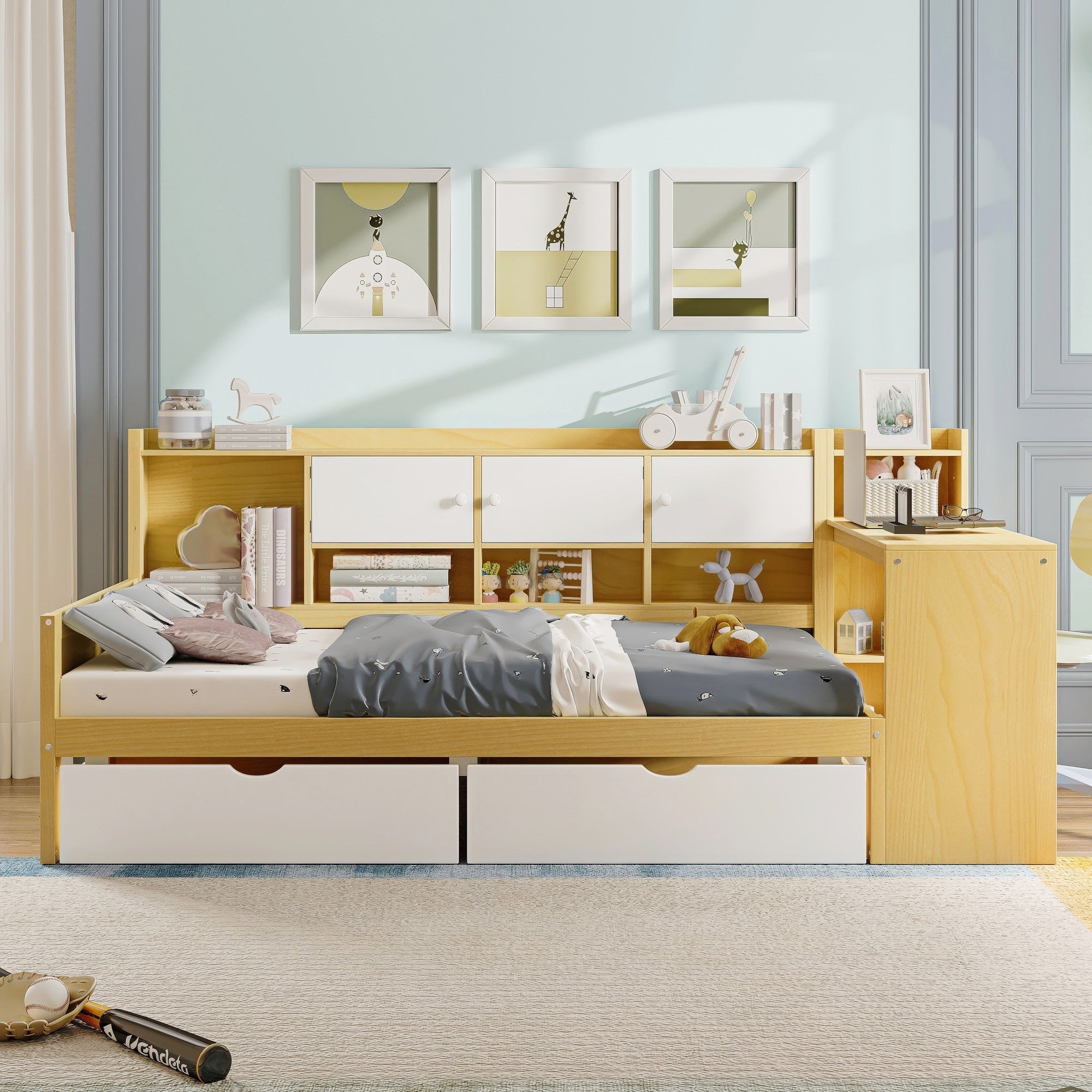 Wooden L Shape Daybed With Seven Storage Cabinets And Two Storage Drawers