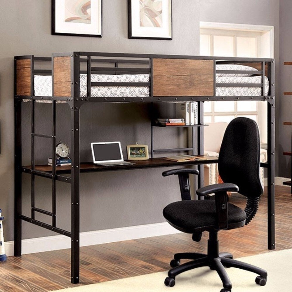 Wooden Metal Twin Size Bunk Bed With Workstation Black