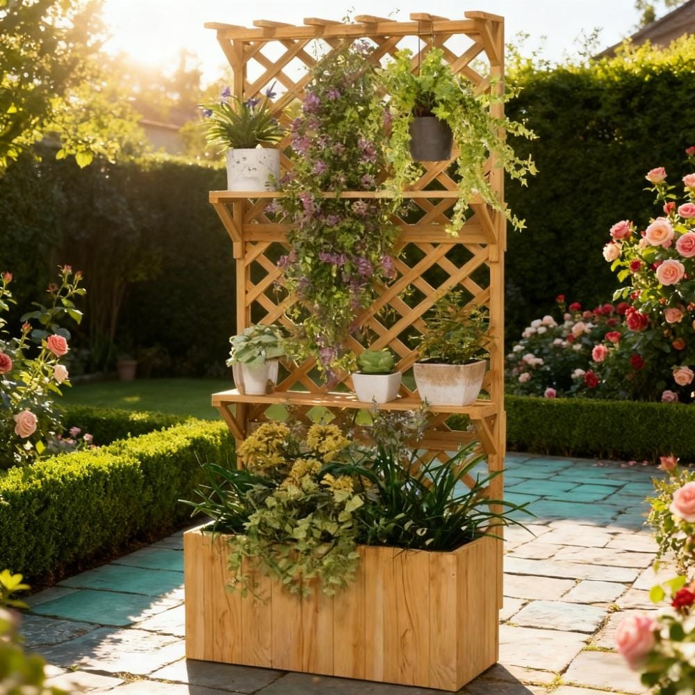 Wooden Multi Functional Planter Box With Trellis Roof And Shelves