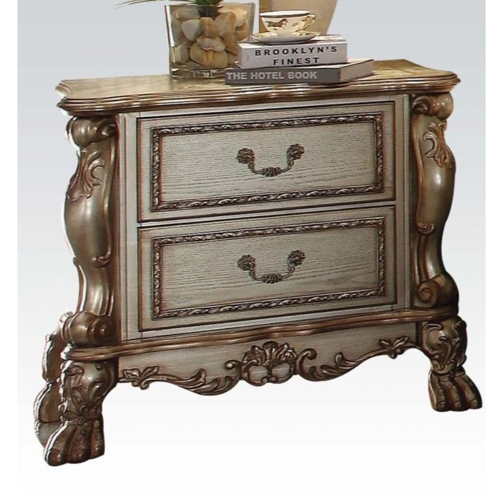 Wooden Nightstand With Two Drawers Gold Bone White