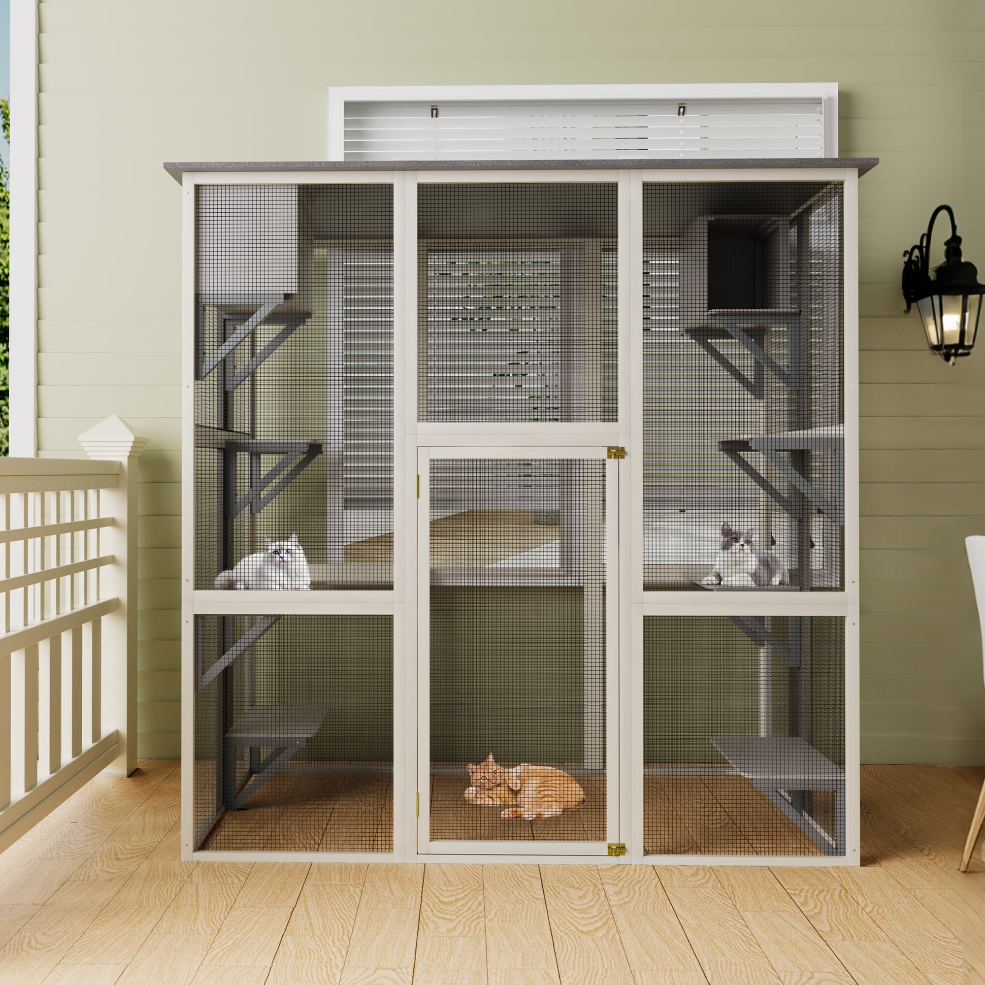 Wooden Outdoor Cat Enclosure Walk In Cat House With Weatherproof Asphalt Roof Cats Shelter With 6 Platforms 2 Napping Boxes