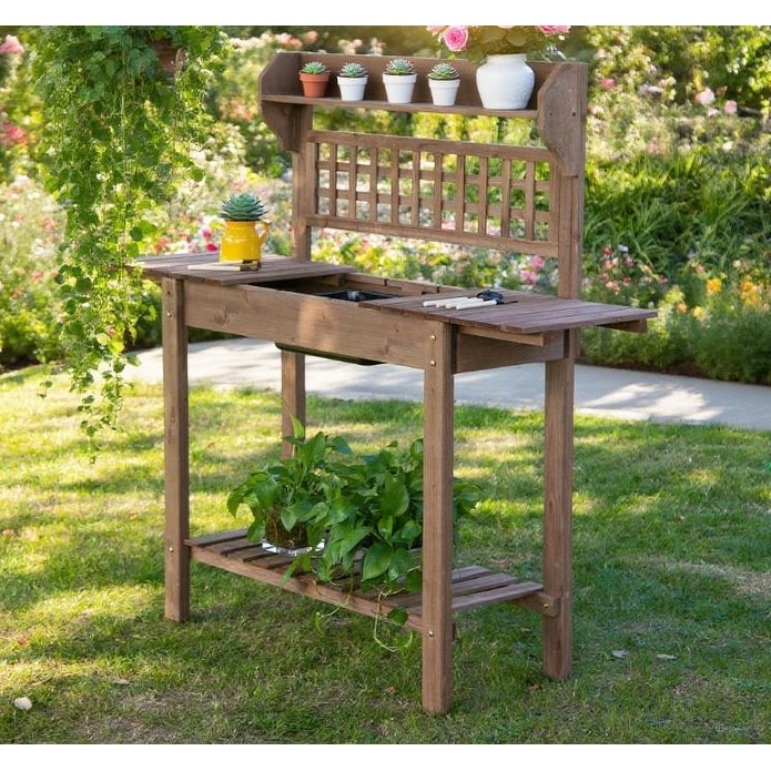 Wooden Plant Shelving Potting Bench Sliding Tabletop And Dry Sink