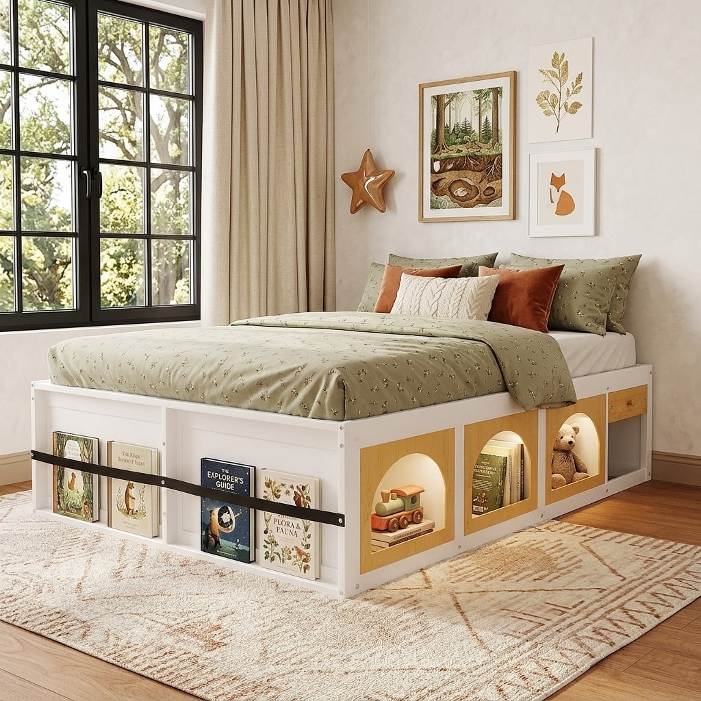 Wooden Platform Bed With Footboard Bookshelf Led Display Cabinet And Drawer Storage By Harper Bright Designs