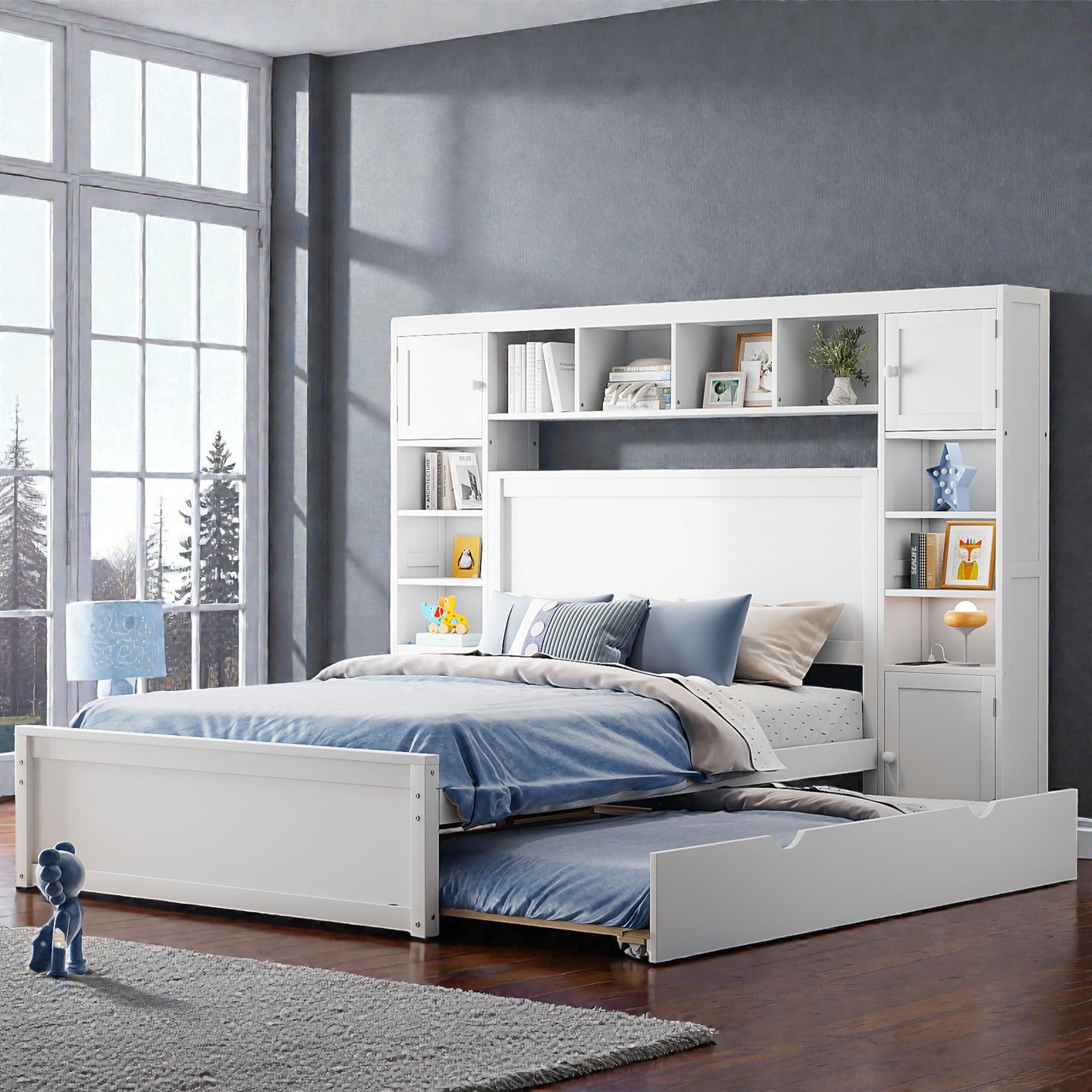 Wooden Platform Bed With Storage Headboard Drawers Twin Trundle And Built In Outlets