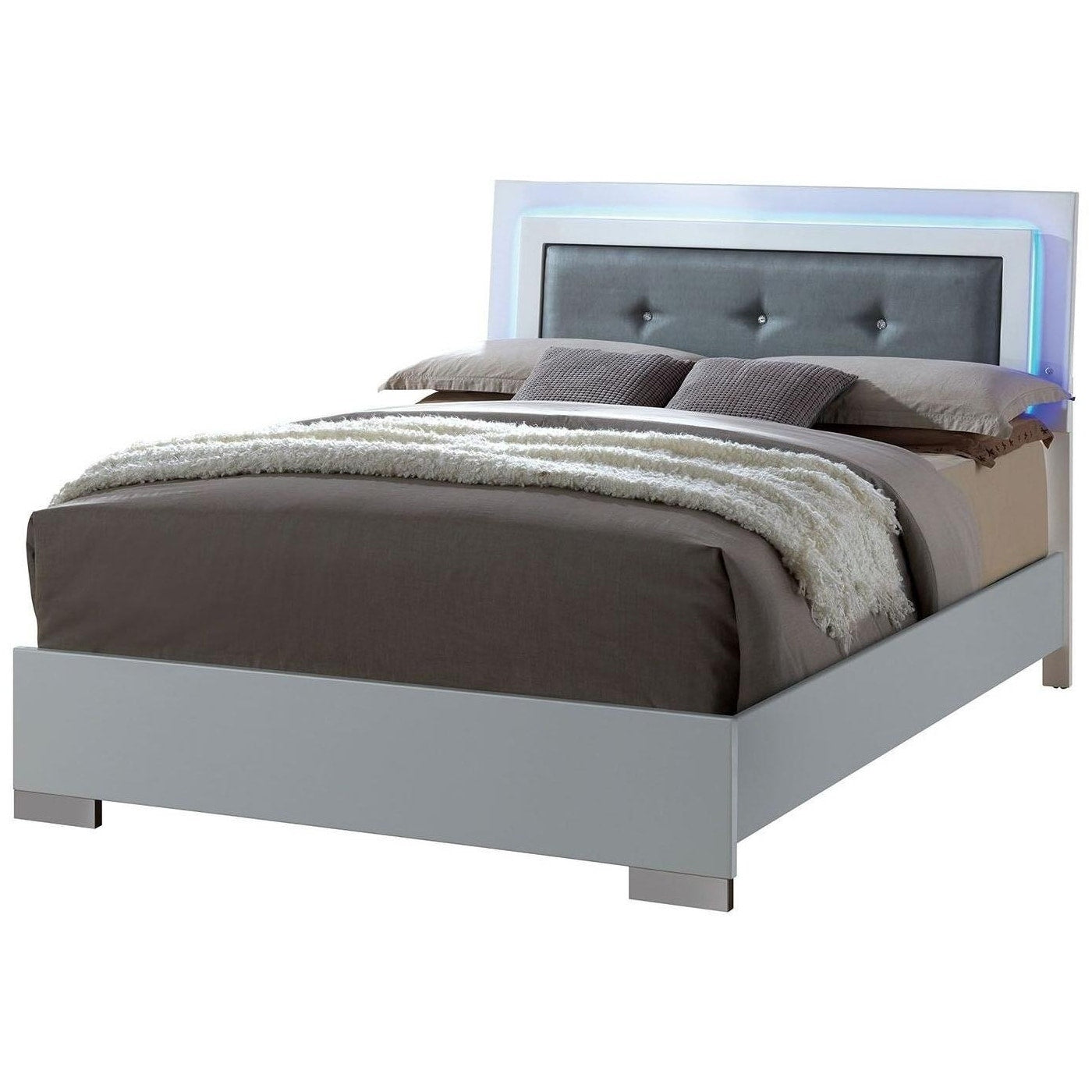 Wooden Queen Bed With Leatherette Headboard And Led Trim White