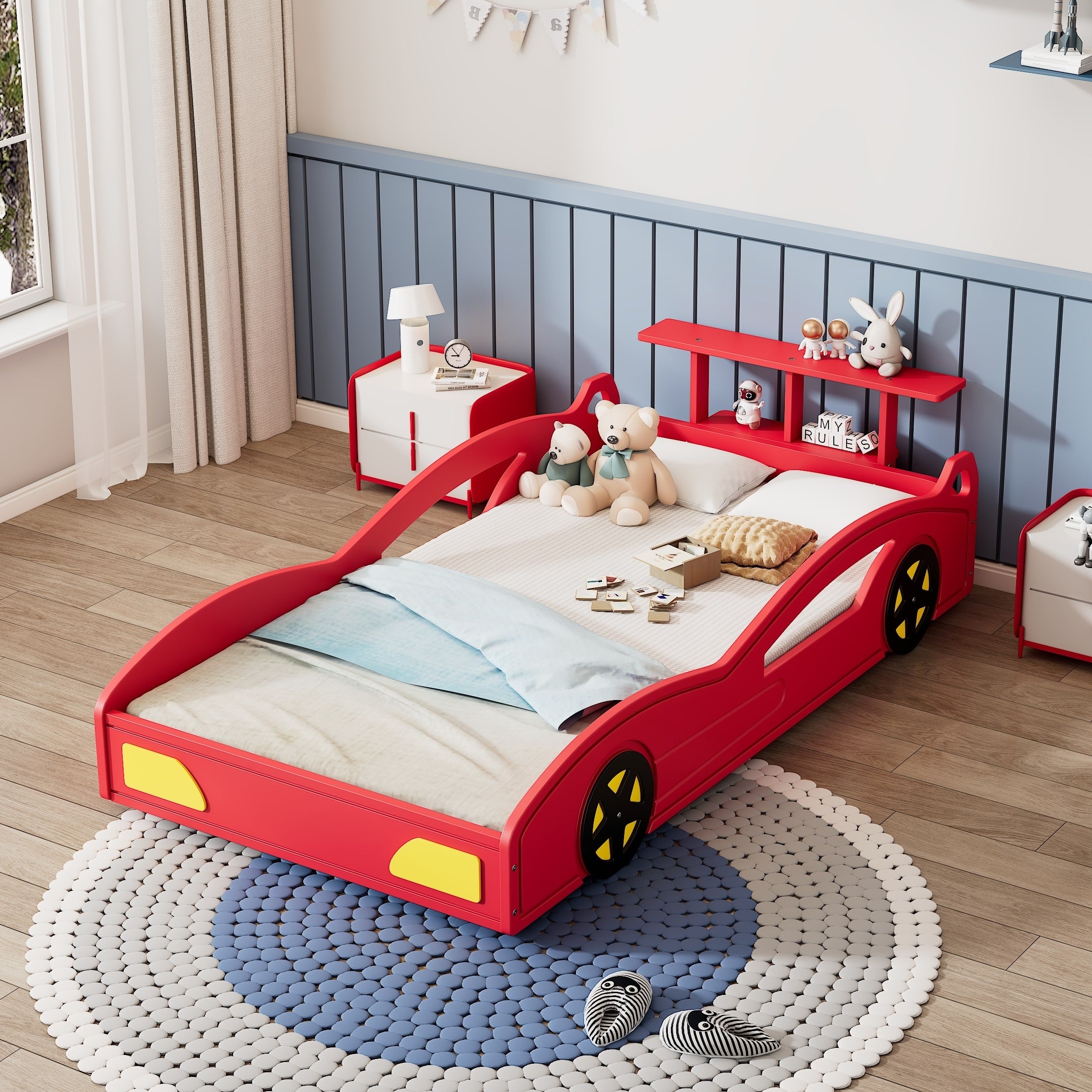 Wooden Race Car Bed Car Shaped Platform Bed With Wheels For Teens