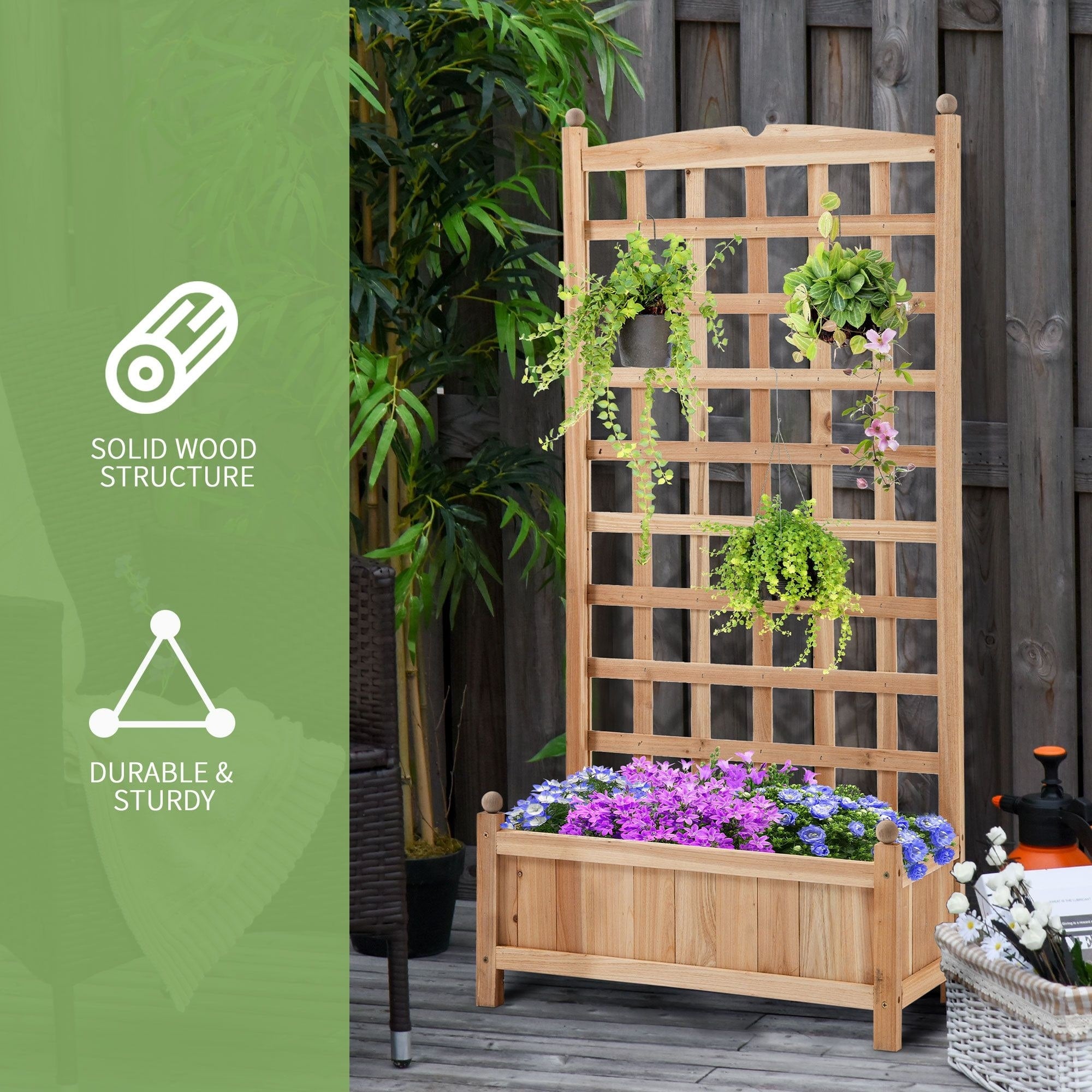 Wooden Raised Garden Bed With Trellis Outdoor Planter Box With Drainage Crevices For Climbing Vine Plants Flowers