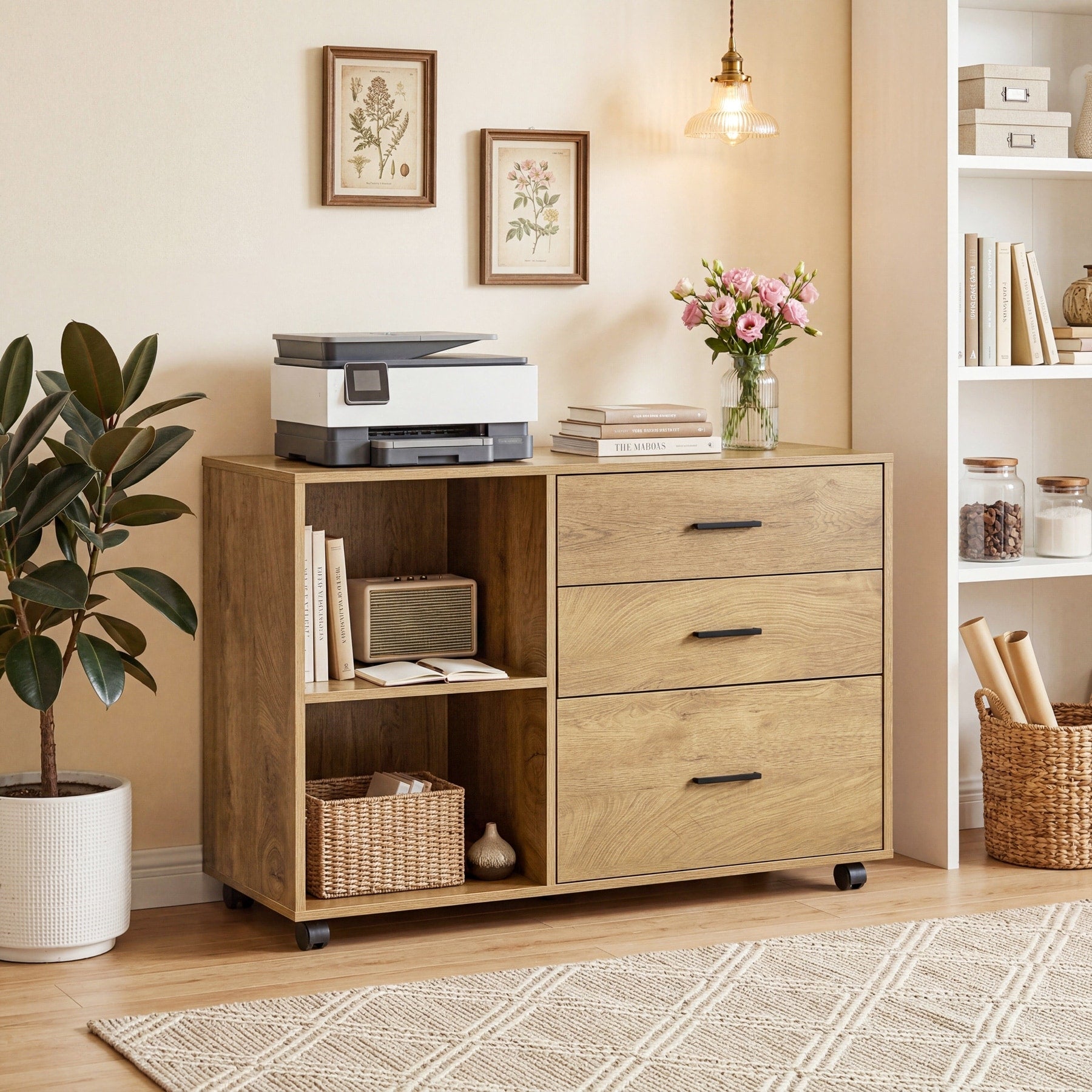 Wooden Rolling File Cabinet 39 Inch Office Lateral Filing Cabinet