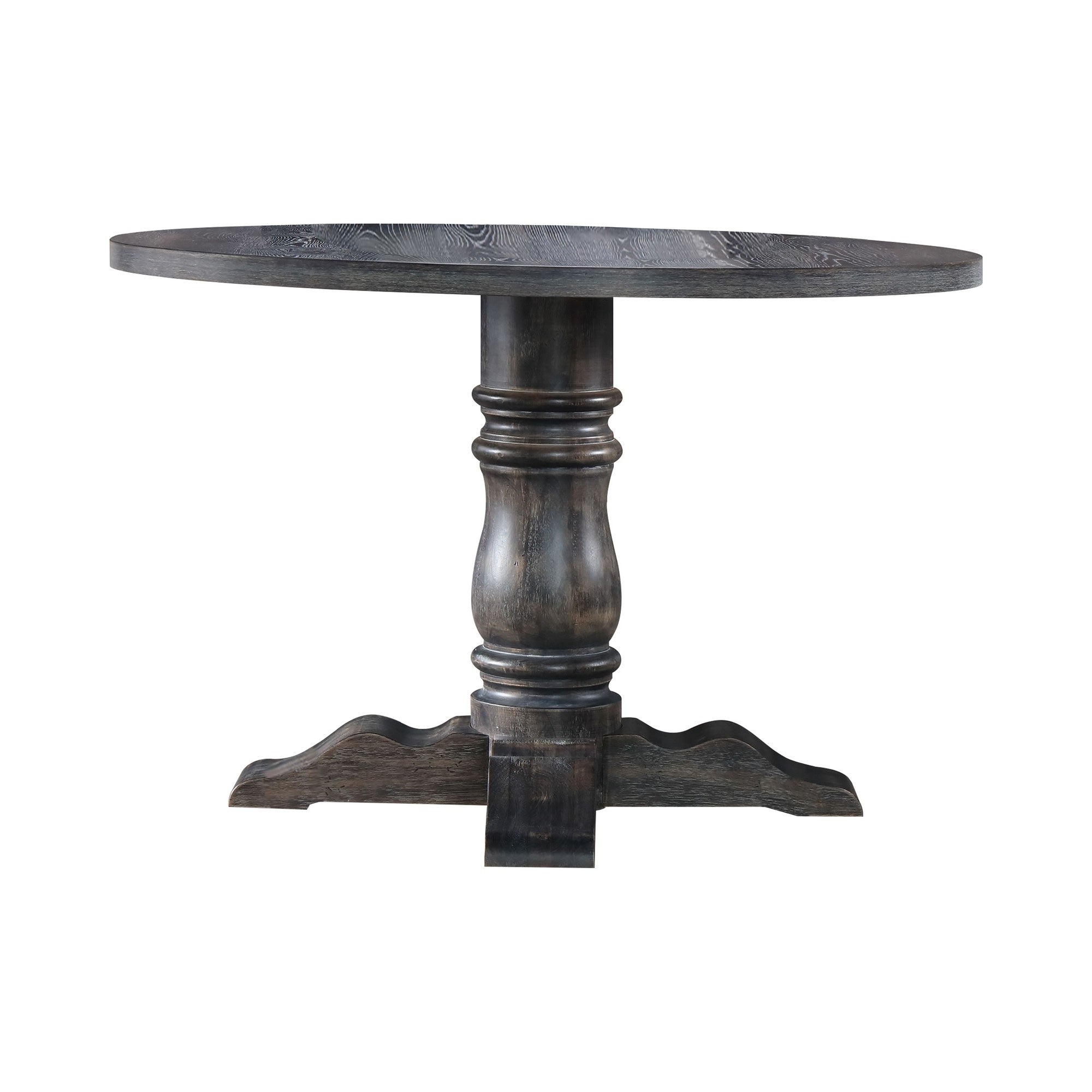 Wooden Round Dining Table With Heavy Pedestal Feet Weathered Gray