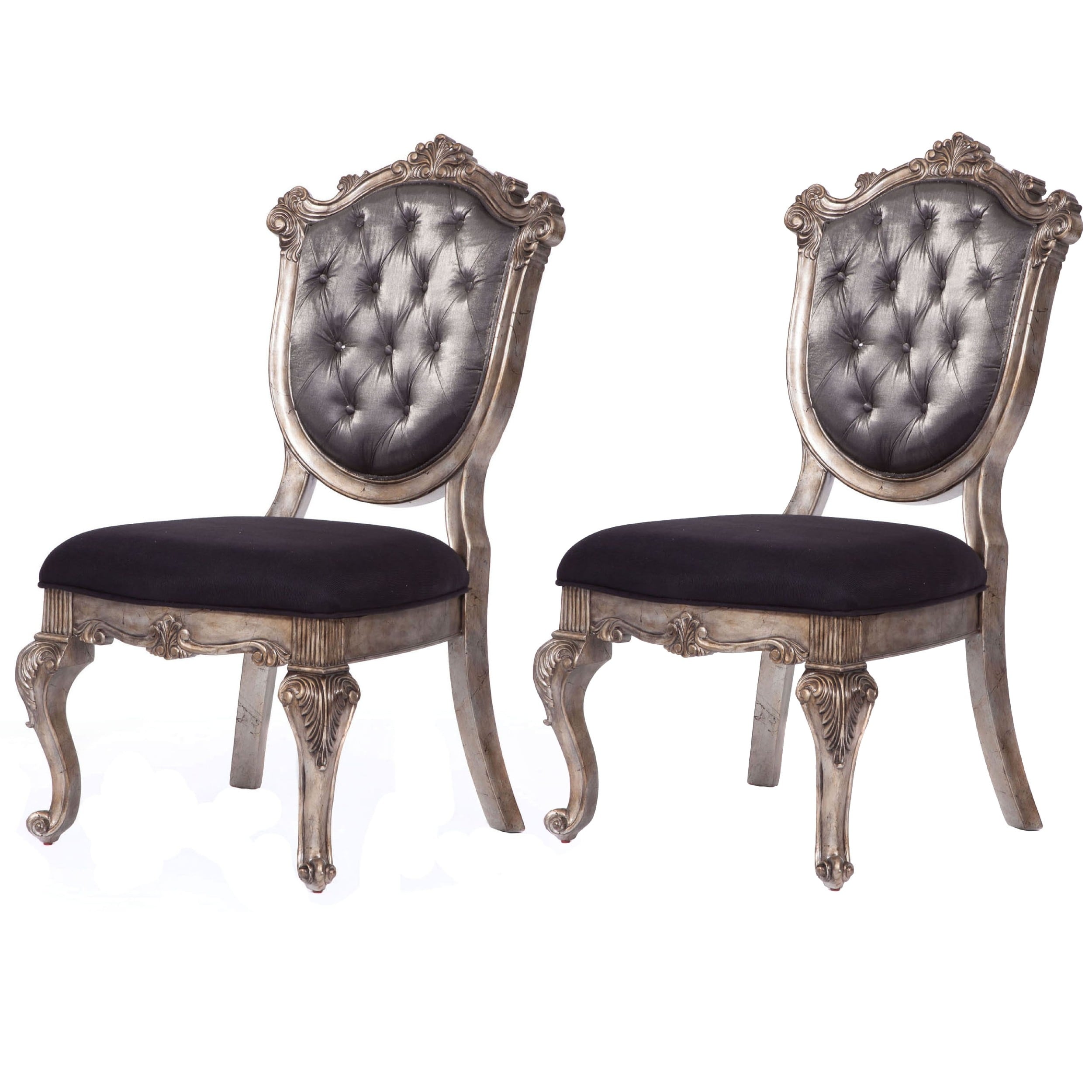 Wooden Side Chair With Cabriole Legs And Fabric Upholstered Seat Gray And Silver Set Of Two
