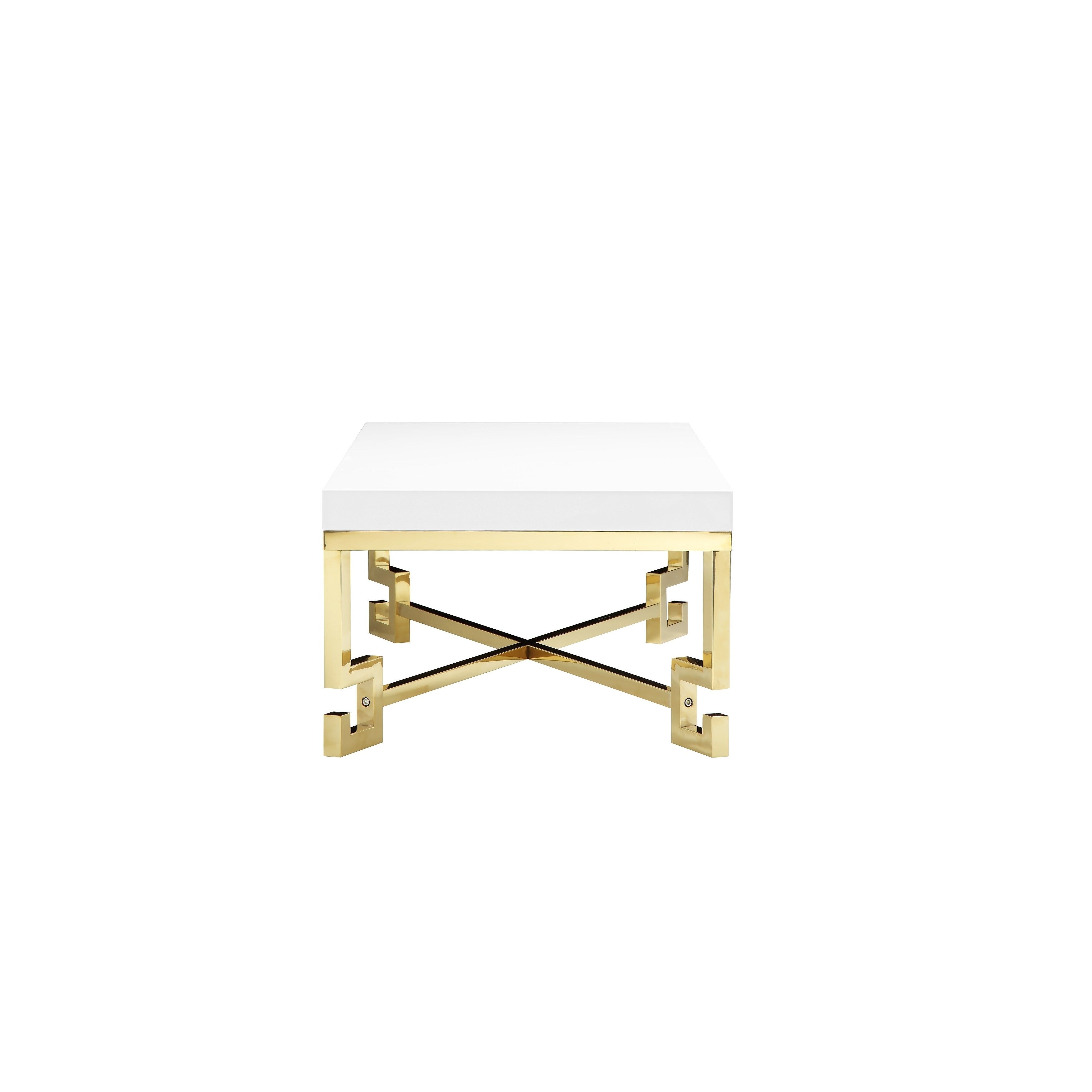 Wooden Square Side Table With Designer Metal Feet And X Crossed Support White And Gold