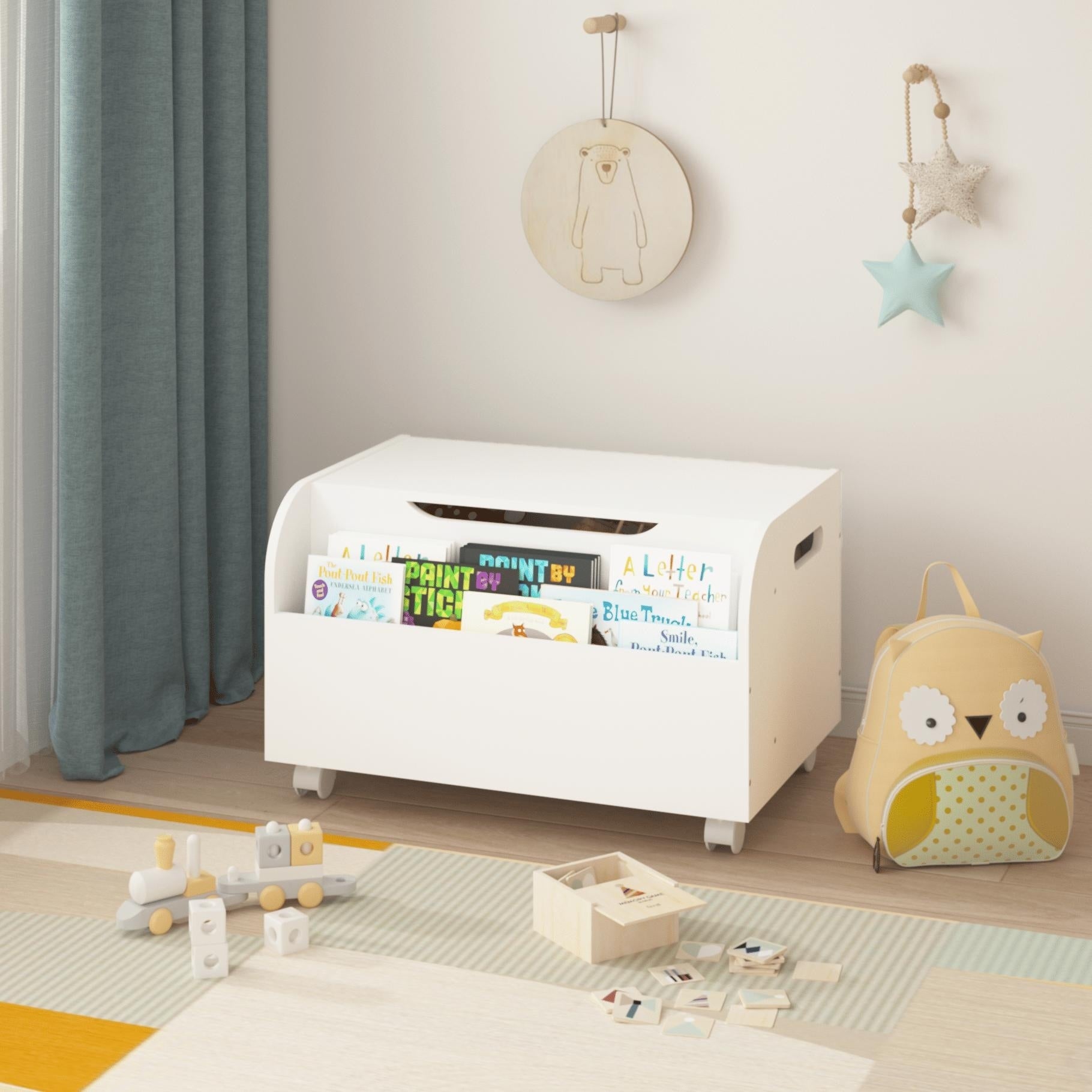 Wooden Toy Box With 4 Universal Wheels Kids Toy Storage Organizer With Front Bookshelf Flip Top Lid Toy Chest Bench