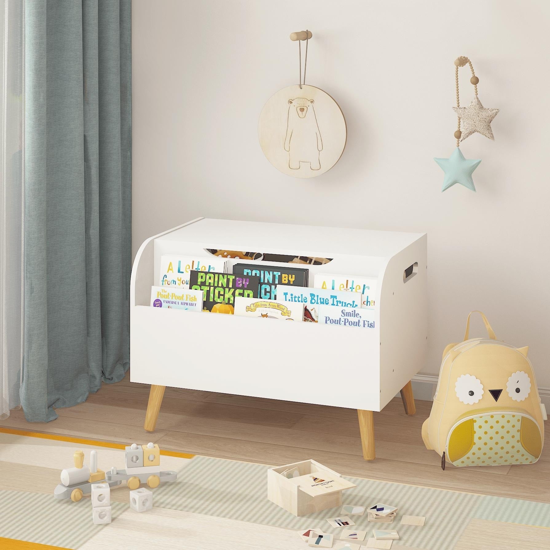 Wooden Toy Box Kids Toy Storage Organizer With Front Bookshelf Flip Top Lid Safety Hinge Boys Girls Toy Chest Bench