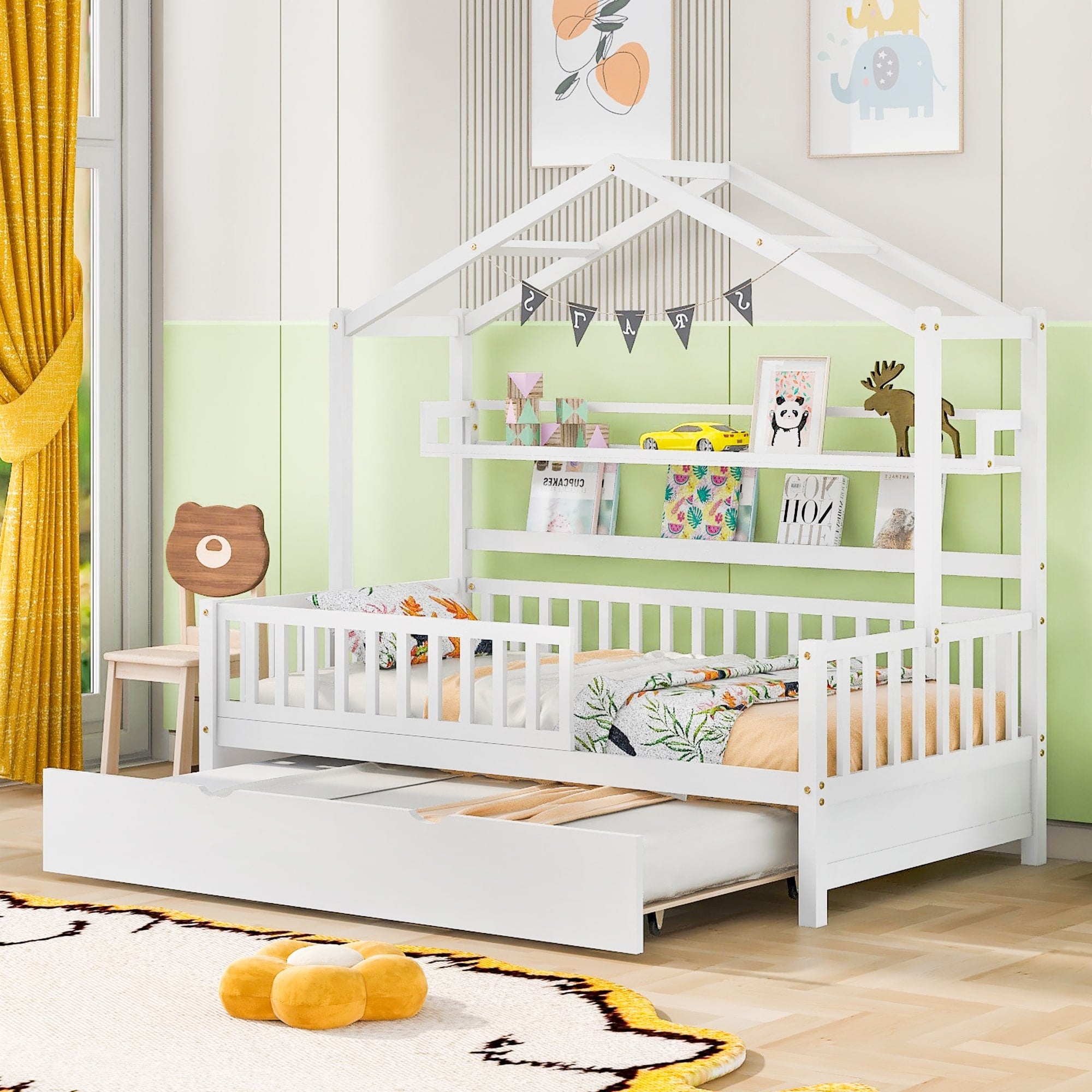 Wooden Twin Full House Bed With Trundle Playful Design Storage Shelf