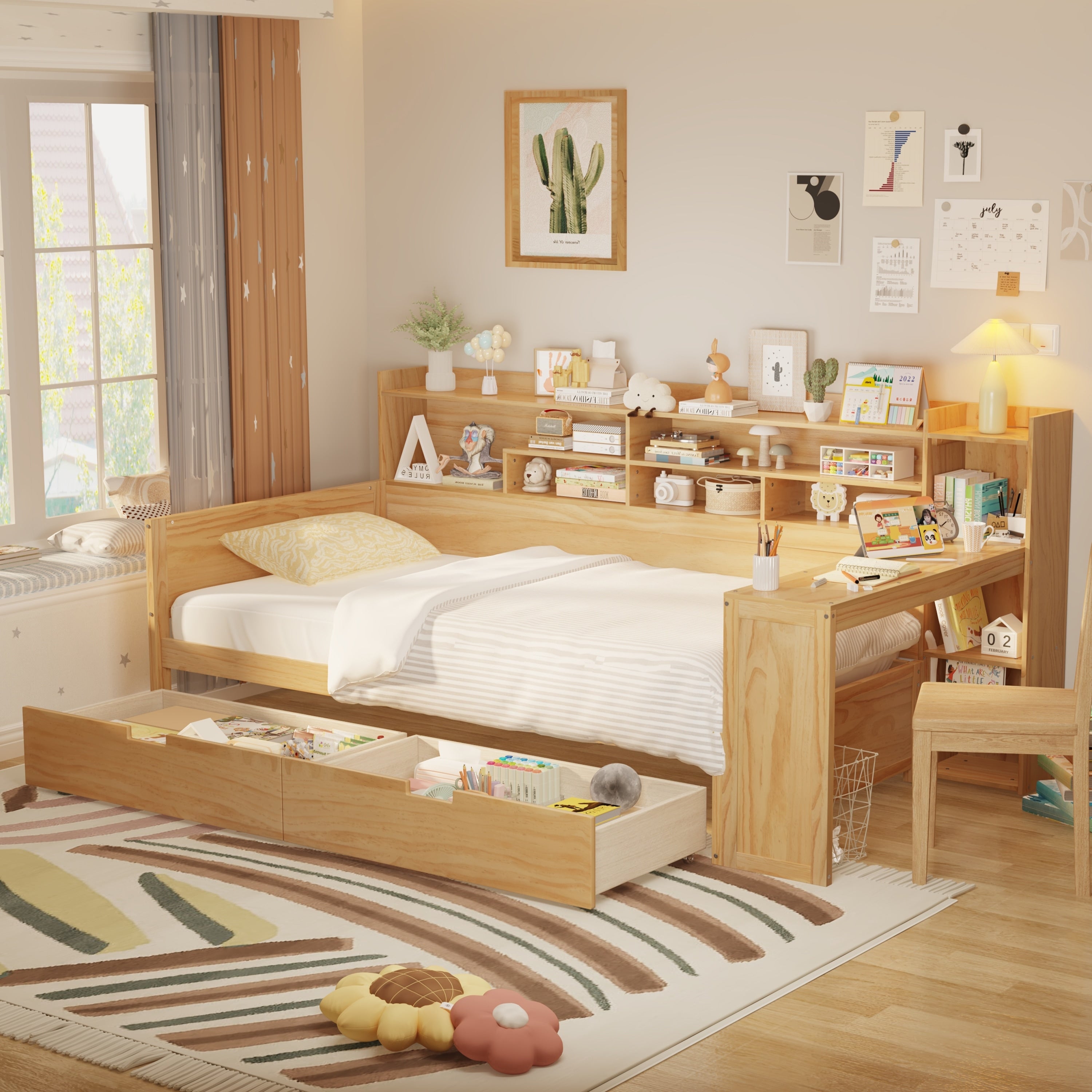 Wooden Twin Size Daybed With Storage Shelves Multi Functional Bed With 2 Storage Drawers And Study Desk Natural