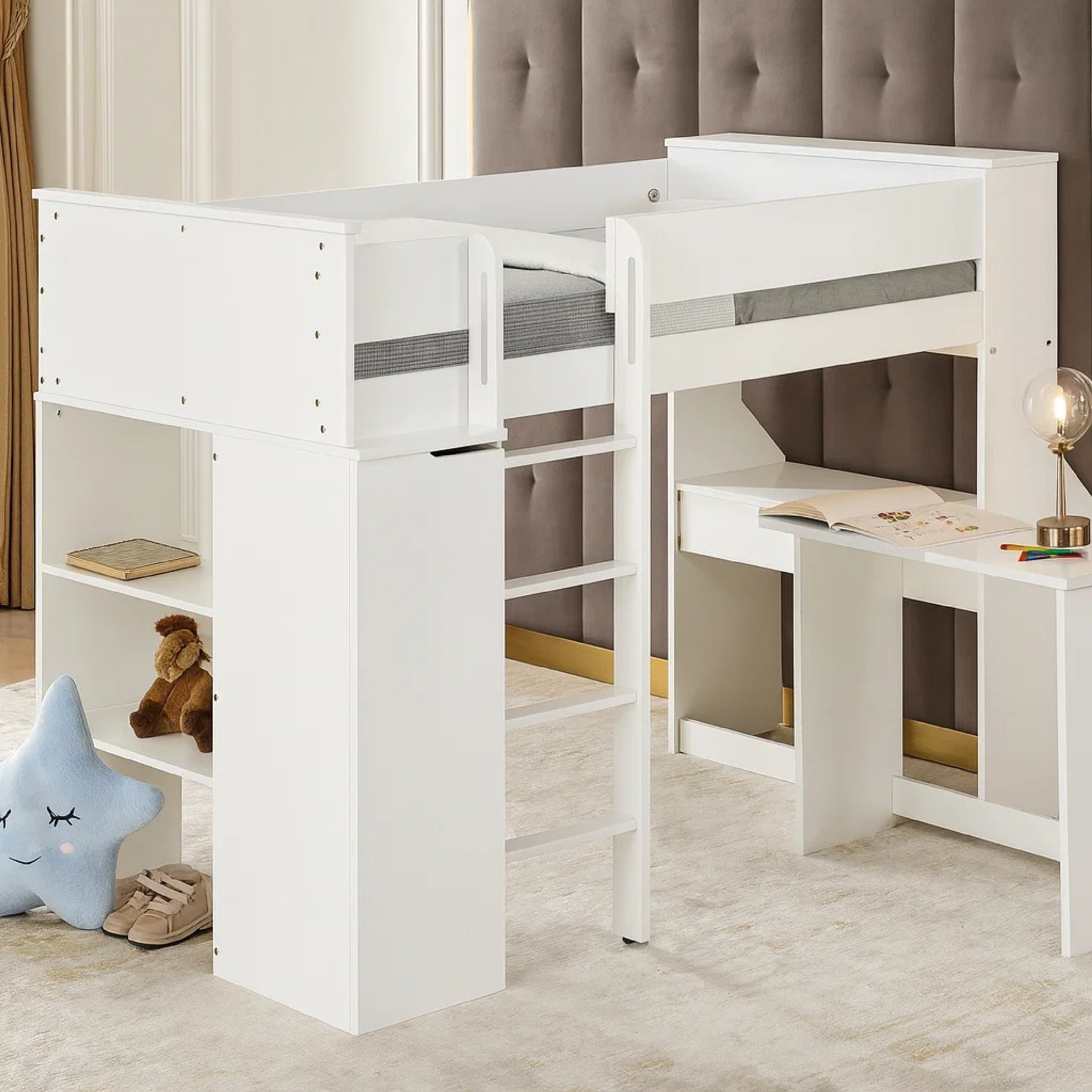 Wooden Twin Size Loft Bunk Bed With Workstation And Ladder White