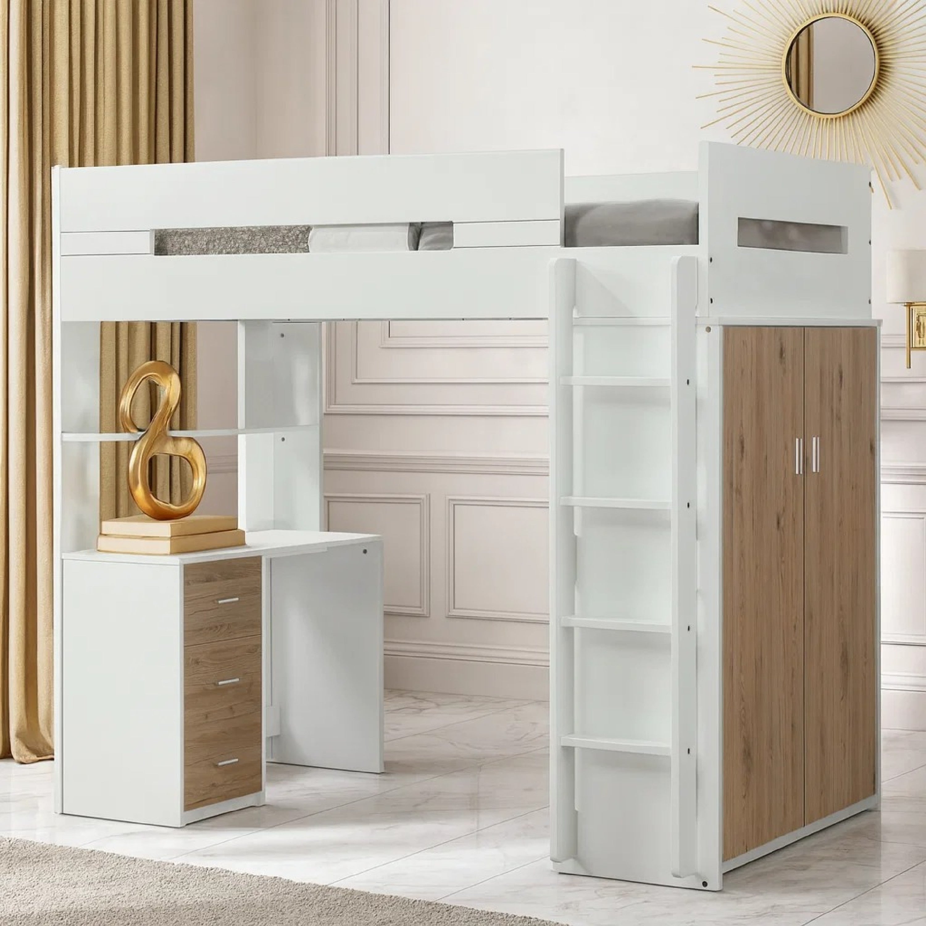 Wooden Twin Size Loft Bunk Bed With Workstation White And Brown