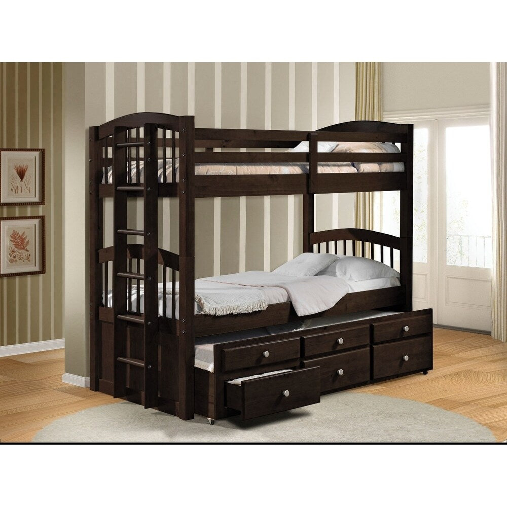 Wooden Twin Twin Bunk Bed Trundle With 3 Drawers Brown