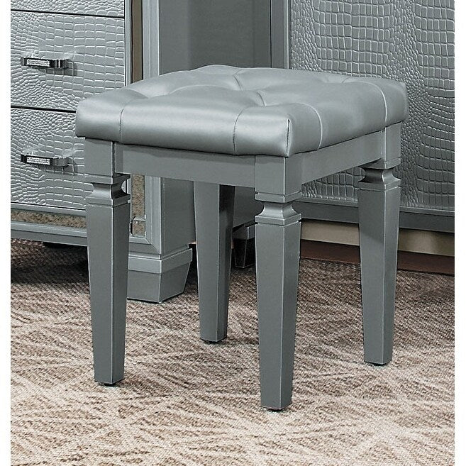 Wooden Vanity Stool With Faux Leather Tufted Seat Gray