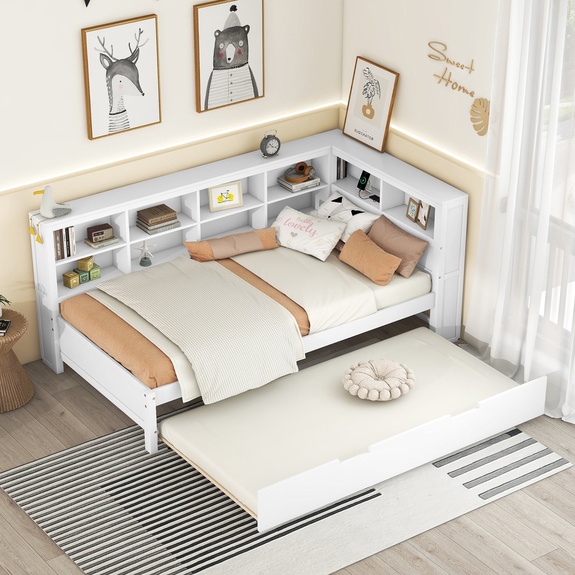 Wooden White Twin Size Daybed With Trundle Bed Storage Shelf