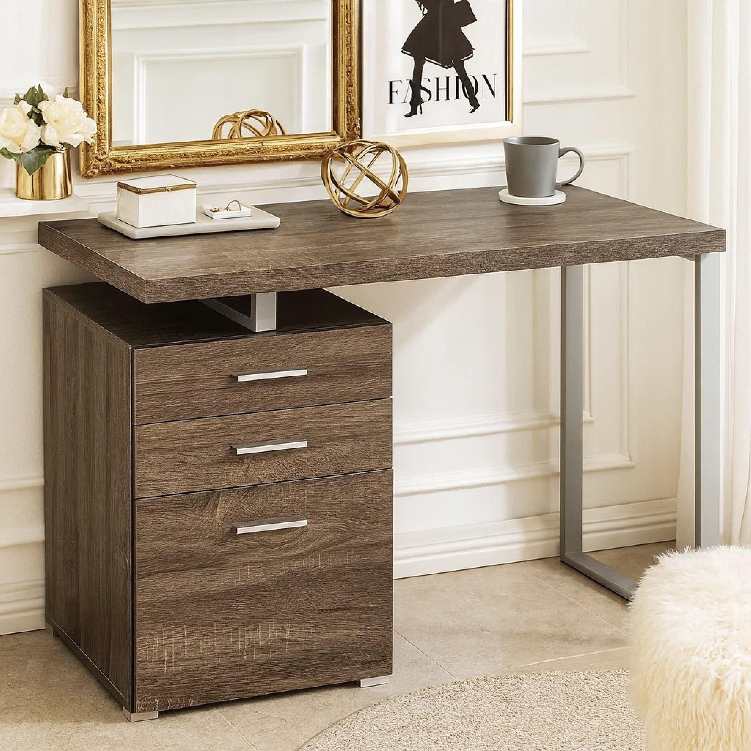 Wooden And Metal Office Desk With Storage Unit Brown And Silver
