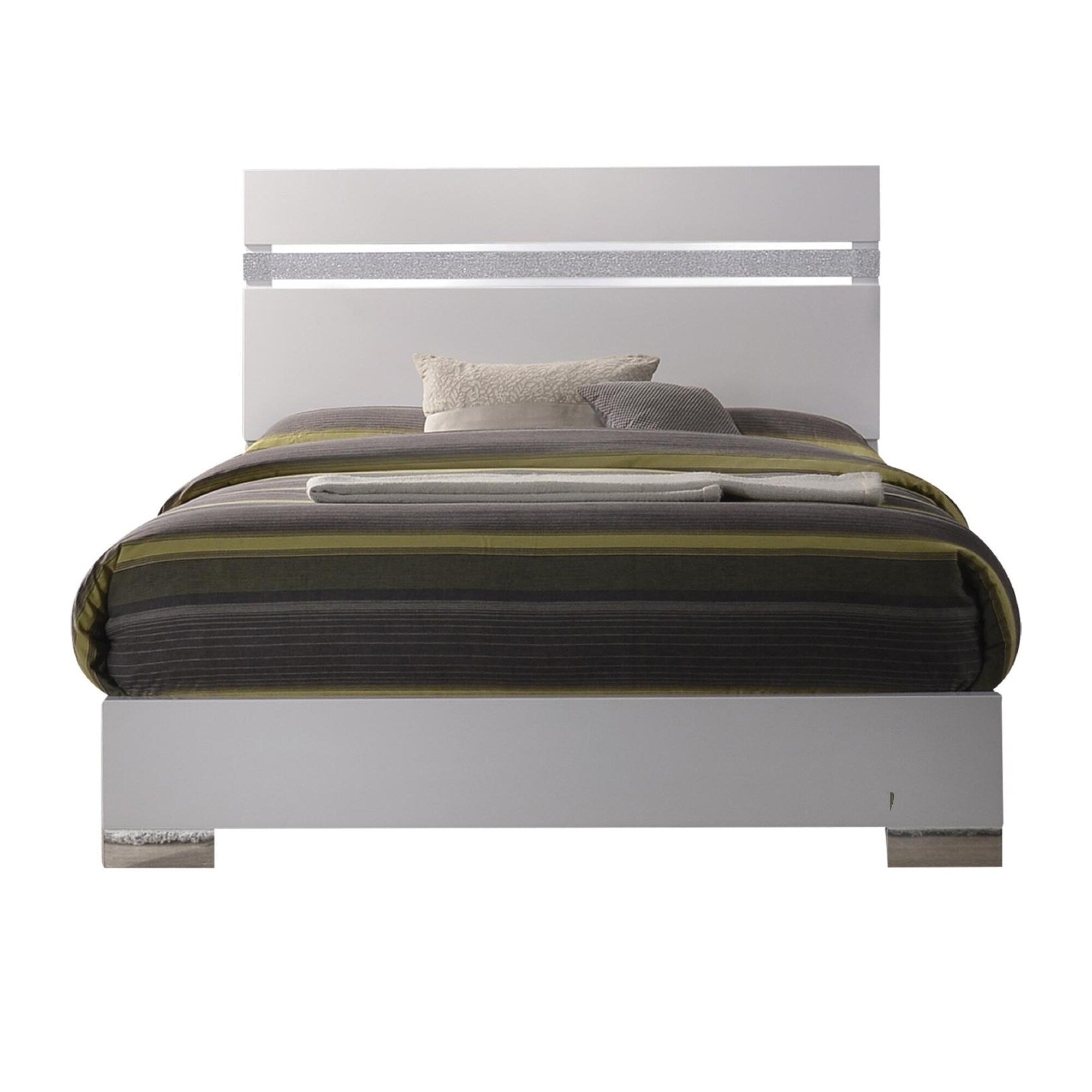 Wooden Queen Size Bed With Block Legs And Crystal Accented Headboard White